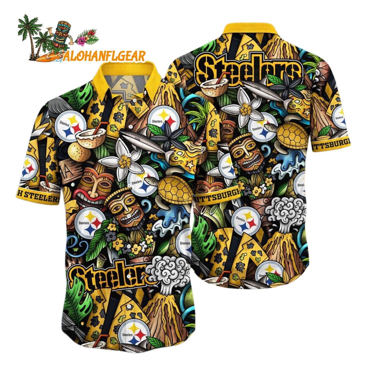 Pittsburgh Steelers Flower Tiki Me Off Hawaiian Shirt Pittsburgh Steelers Aloha Shirt 1