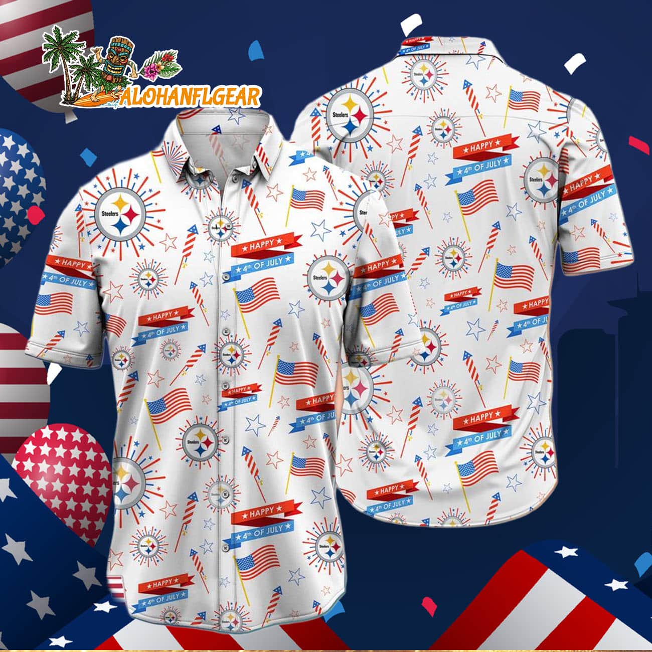 Pittsburgh Steelers Happy 4th Of July Hawaiian Shirt, NFL Aloha Shirt Pittsburgh Steelers Happy 4th Of July Hawaiian Shirt, NFL Aloha Shirt