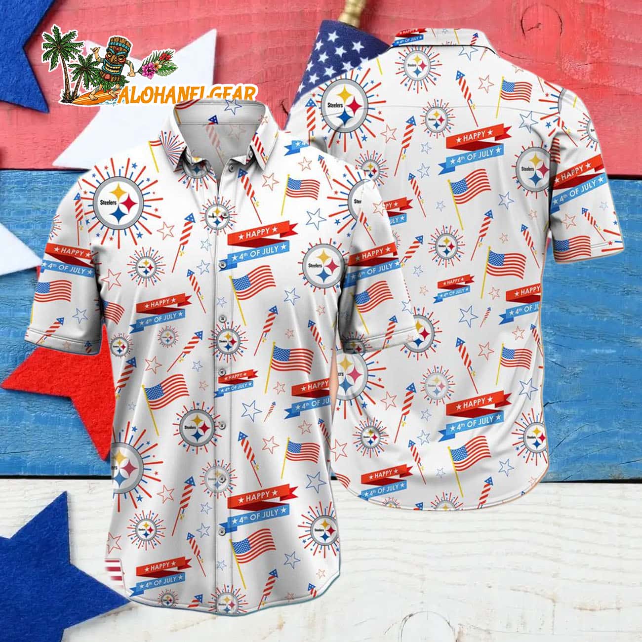Pittsburgh Steelers Happy 4th Of July Hawaiian Shirt, NFL Aloha Shirt Pittsburgh Steelers Happy 4th Of July Hawaiian Shirt, NFL Aloha Shirt