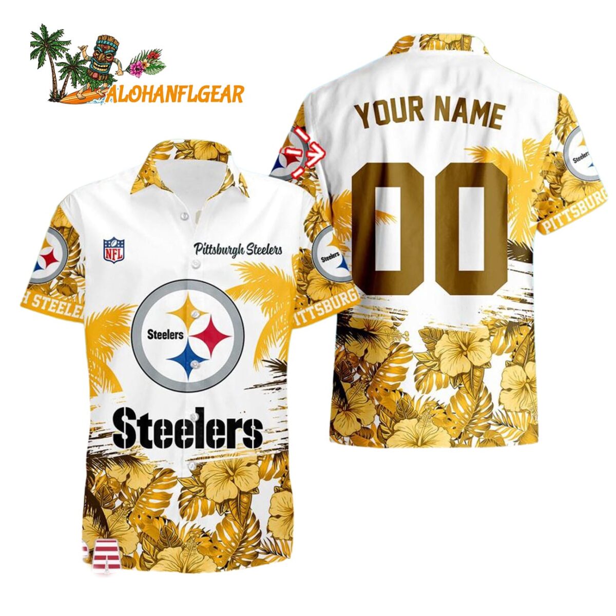 Pittsburgh Steelers Hibiscus Flower Custom Name Hawaiian Shirt NFL Aloha Shirt 1