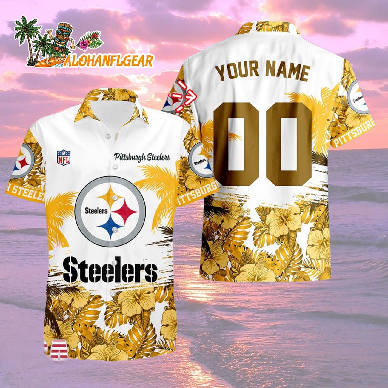 Pittsburgh Steelers Hibiscus Flower Custom Name Hawaiian Shirt, NFL Aloha Shirt Pittsburgh Steelers Hibiscus Flower Custom Name Hawaiian Shirt, NFL Aloha Shirt