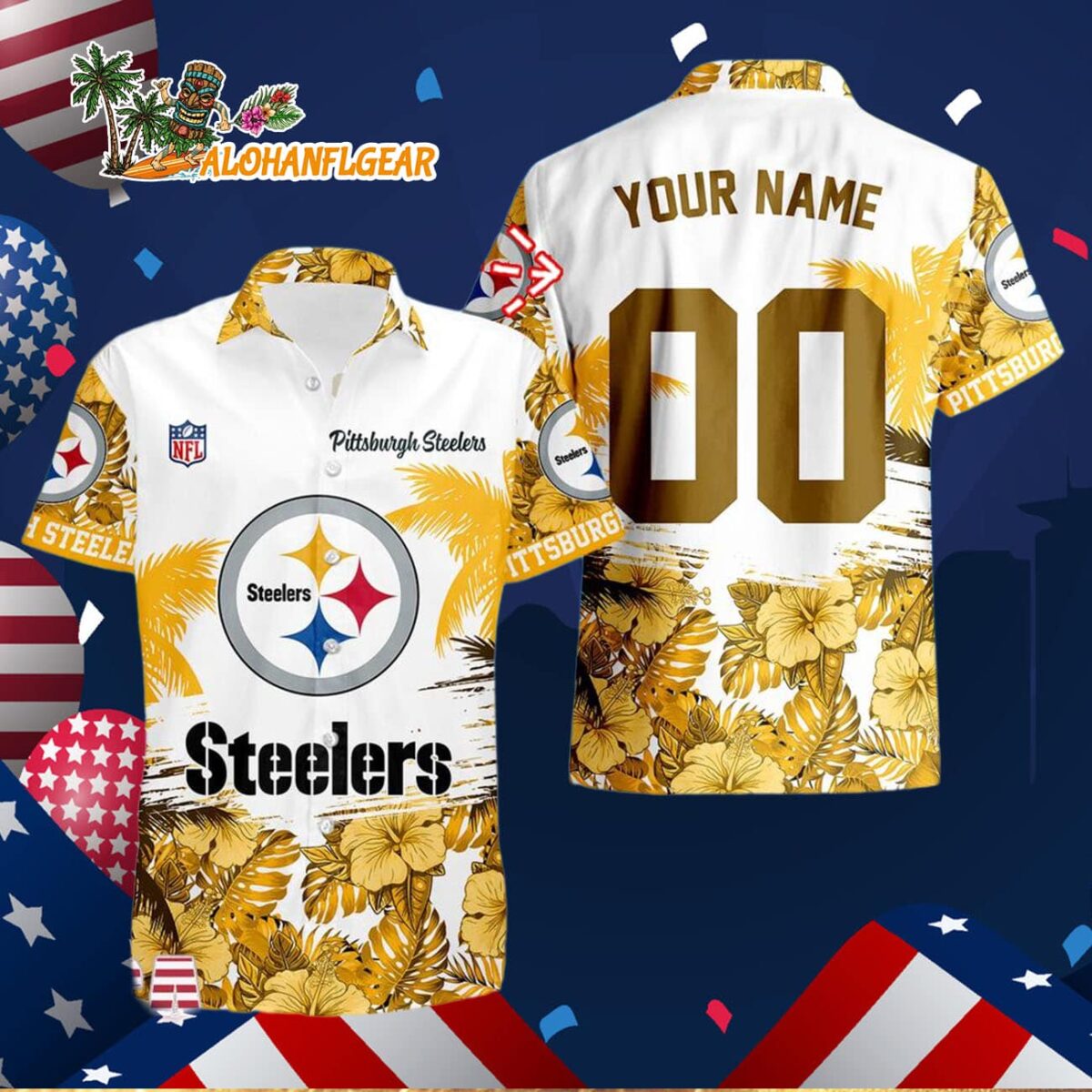Pittsburgh Steelers Hibiscus Flower Custom Name Hawaiian Shirt, NFL Aloha Shirt 2 Pittsburgh Steelers Hibiscus Flower Custom Name Hawaiian Shirt NFL Aloha Shirt 3