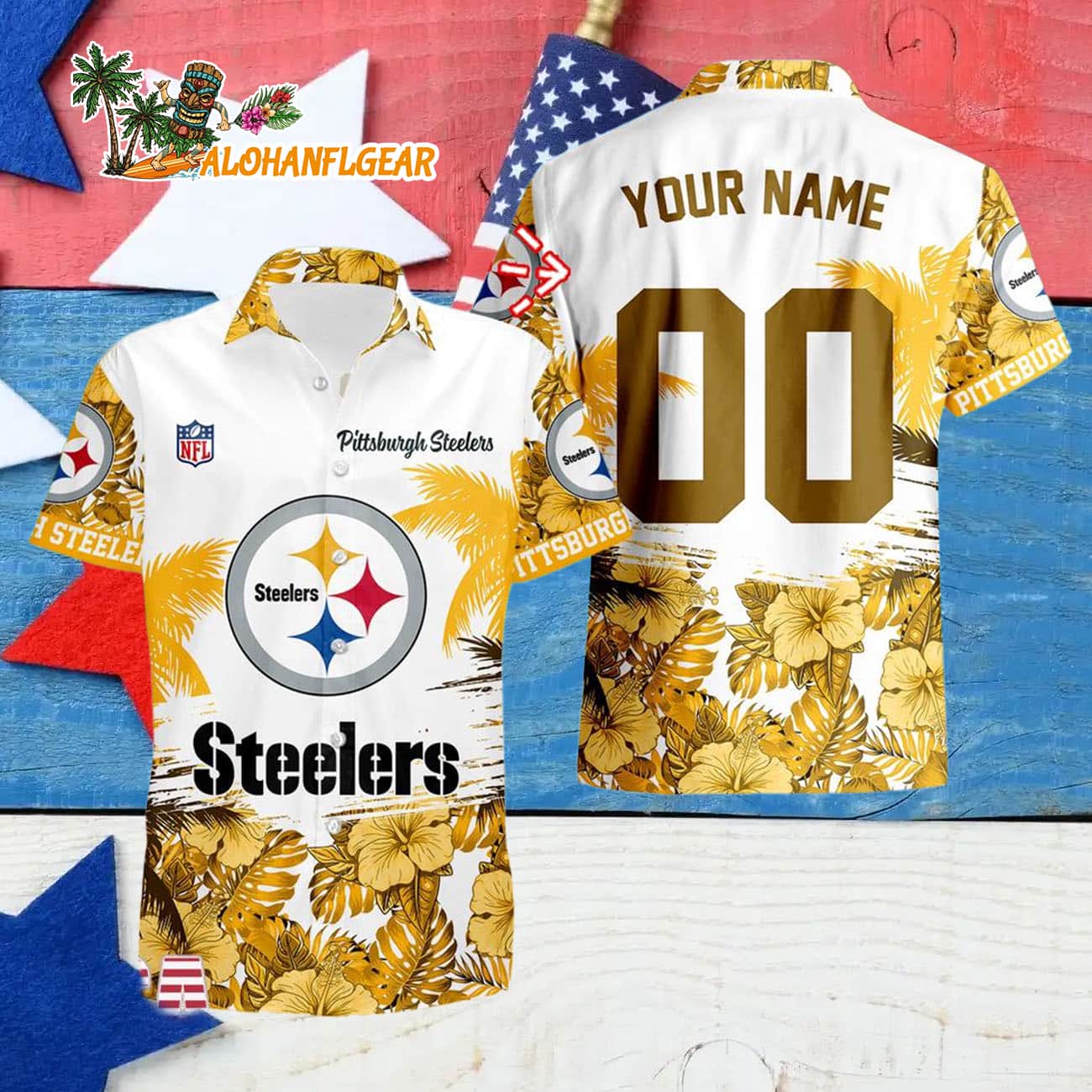Pittsburgh Steelers Hibiscus Flower Custom Name Hawaiian Shirt, NFL Aloha Shirt Pittsburgh Steelers Hibiscus Flower Custom Name Hawaiian Shirt, NFL Aloha Shirt