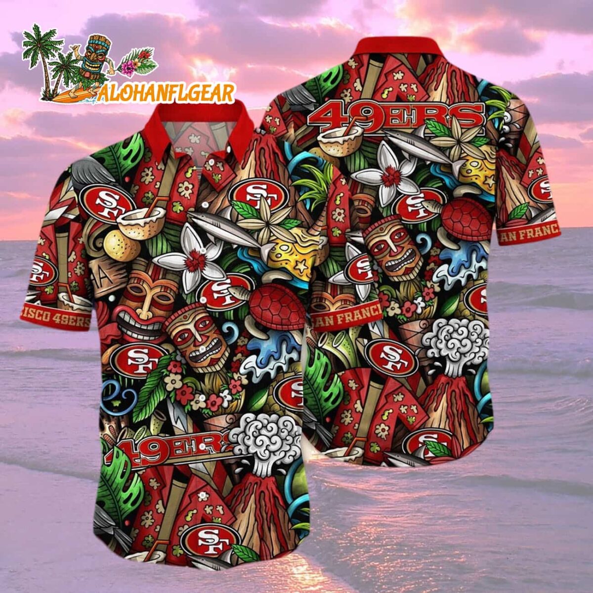 San Francisco 49ers Flower Tiki Me Off Hawaiian Shirt, San Francisco 49ers Aloha Shirt 1 San Francisco 49ers Flower Tiki Me Off Hawaiian Shirt San Francisco 49ers Aloha Shirt 2
