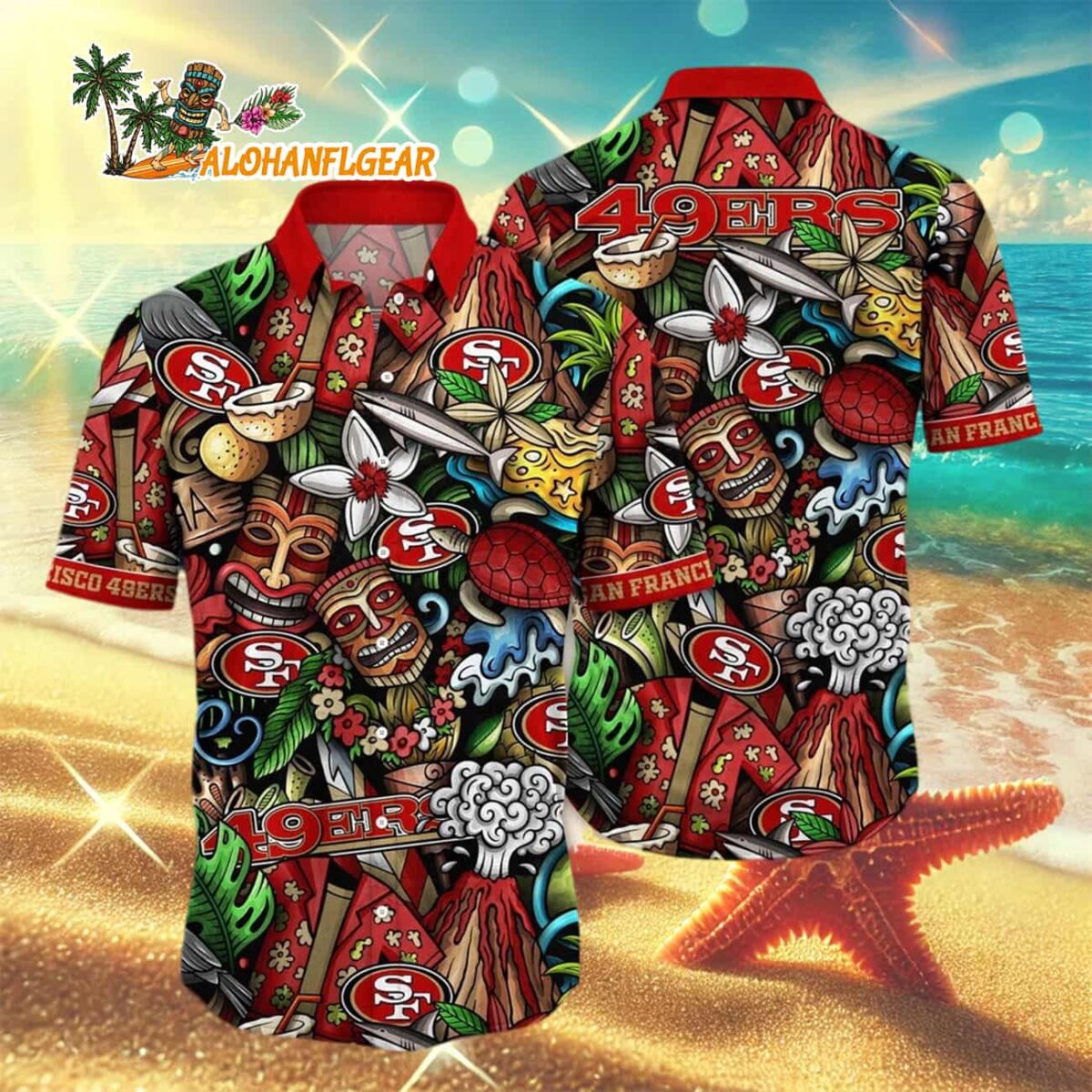 San Francisco 49ers Flower Tiki Me Off Hawaiian Shirt, San Francisco 49ers Aloha Shirt 2 San Francisco 49ers Flower Tiki Me Off Hawaiian Shirt San Francisco 49ers Aloha Shirt 3