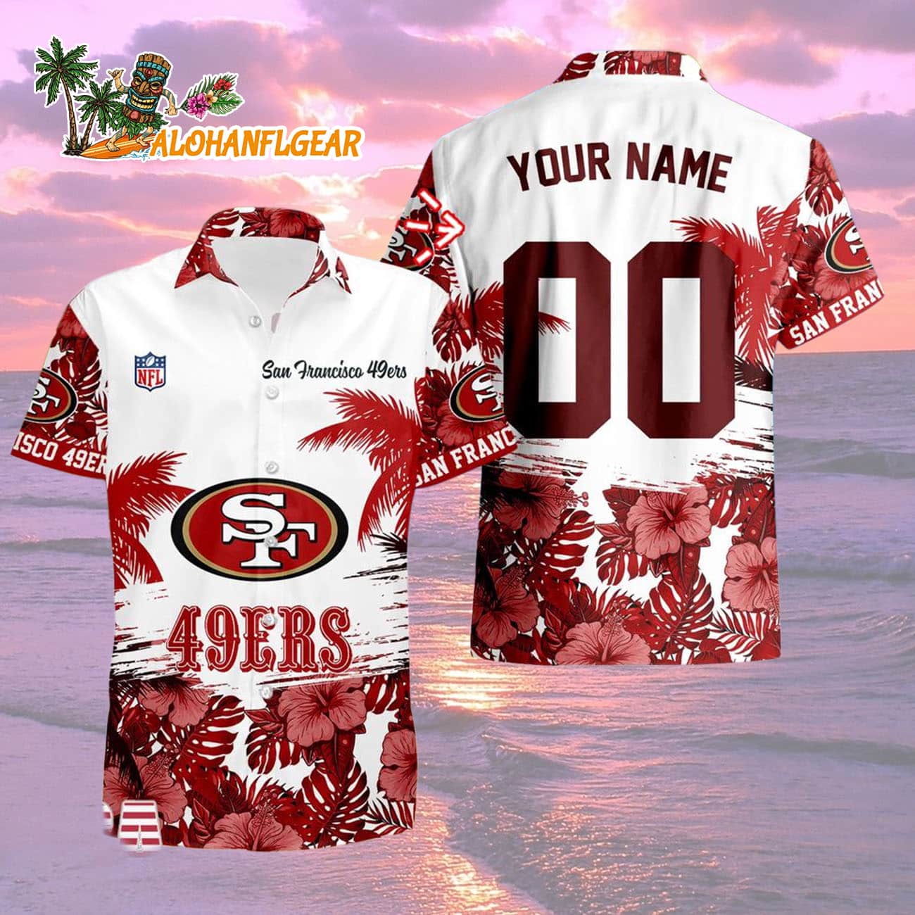 San Francisco 49ers Hibiscus Flower Custom Name Hawaiian Shirt, NFL Aloha Shirt San Francisco 49ers Hibiscus Flower Custom Name Hawaiian Shirt, NFL Aloha Shirt