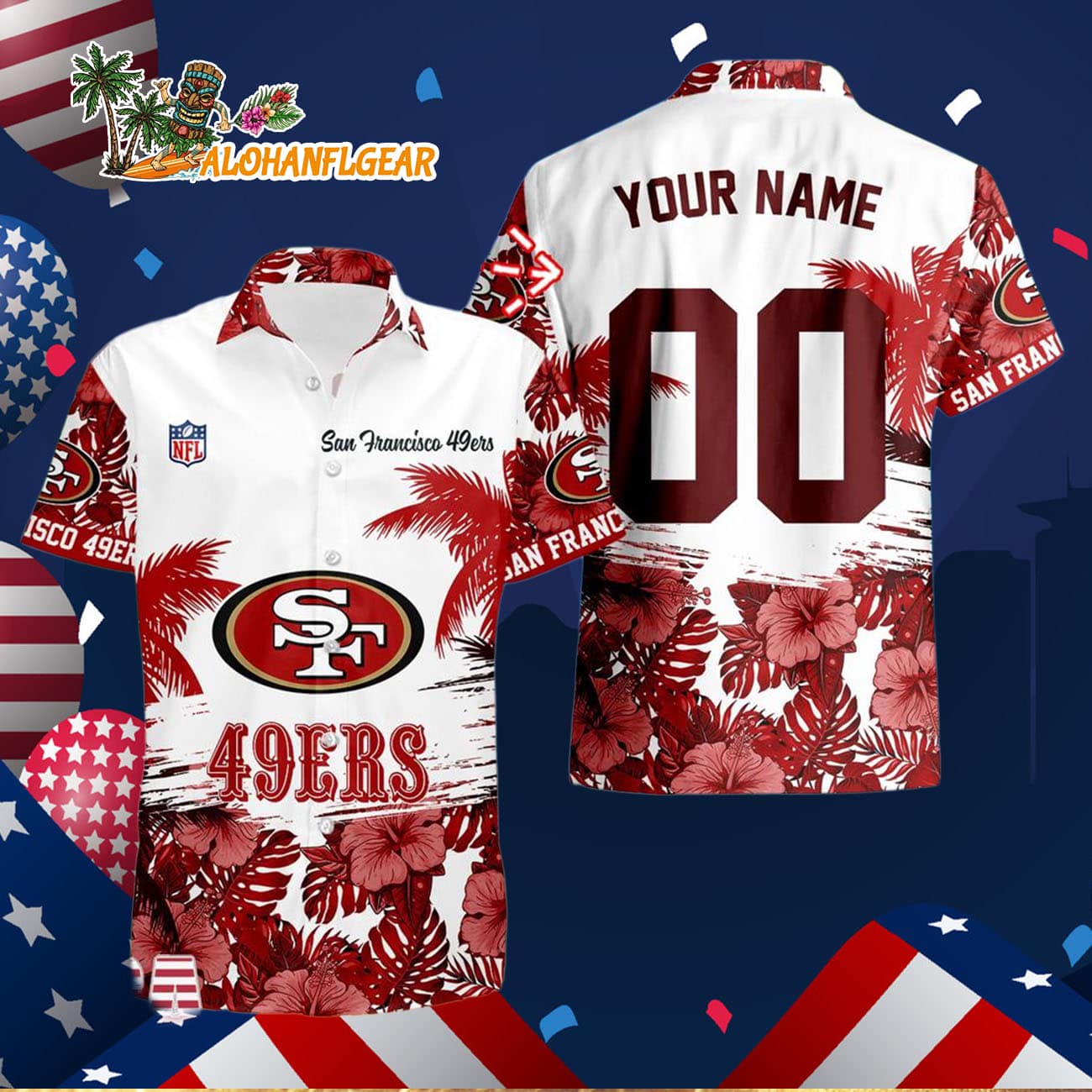 San Francisco 49ers Hibiscus Flower Custom Name Hawaiian Shirt, NFL Aloha Shirt San Francisco 49ers Hibiscus Flower Custom Name Hawaiian Shirt, NFL Aloha Shirt