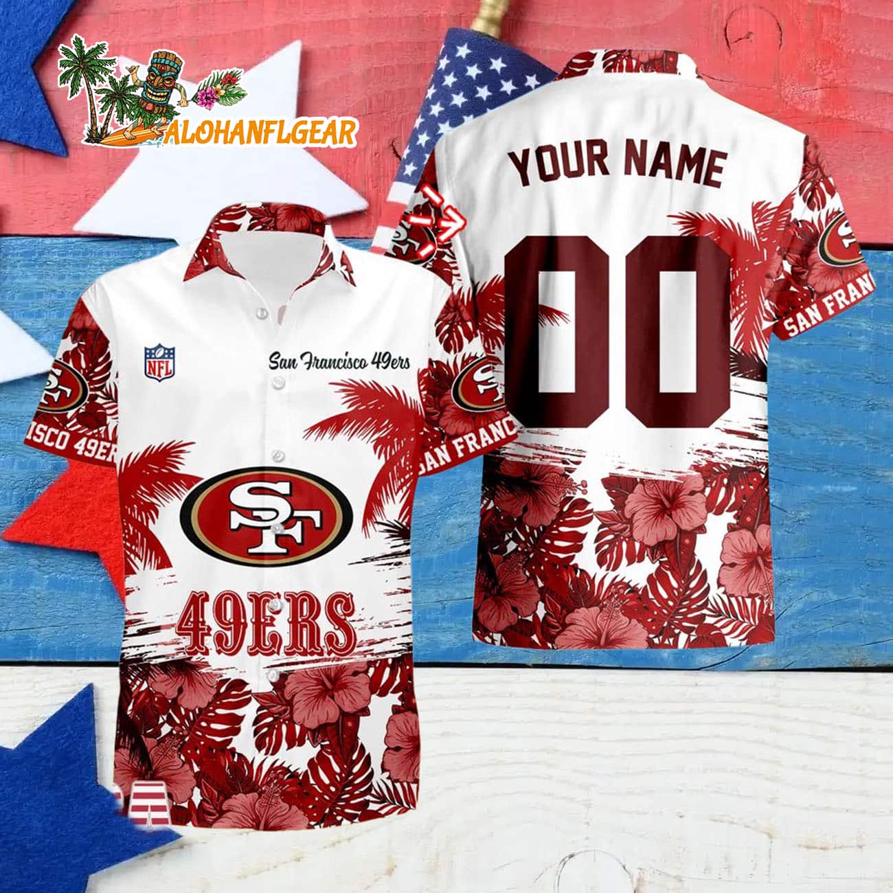 San Francisco 49ers Hibiscus Flower Custom Name Hawaiian Shirt, NFL Aloha Shirt San Francisco 49ers Hibiscus Flower Custom Name Hawaiian Shirt, NFL Aloha Shirt
