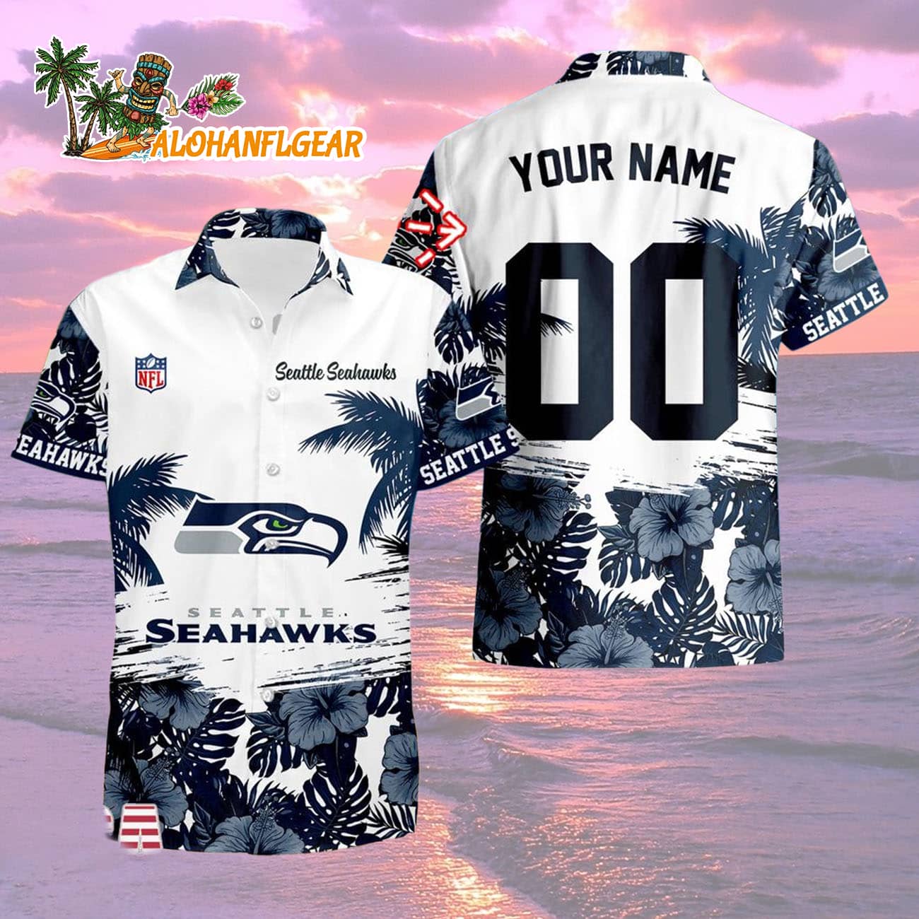 Seattle Seahawks Hibiscus Flower Custom Name Hawaiian Shirt, NFL Aloha Shirt Seattle Seahawks Hibiscus Flower Custom Name Hawaiian Shirt, NFL Aloha Shirt