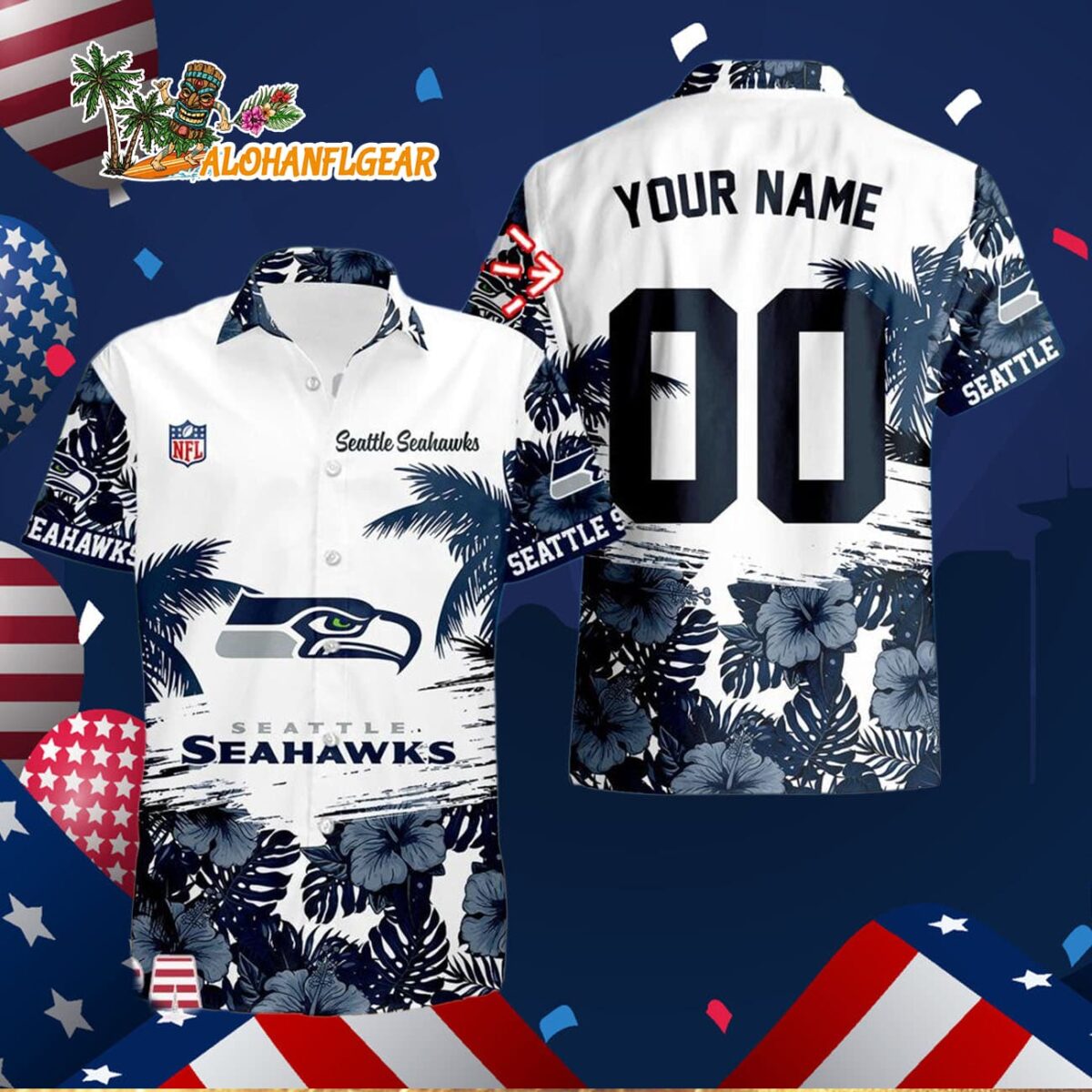 Seattle Seahawks Hibiscus Flower Custom Name Hawaiian Shirt NFL Aloha Shirt 3