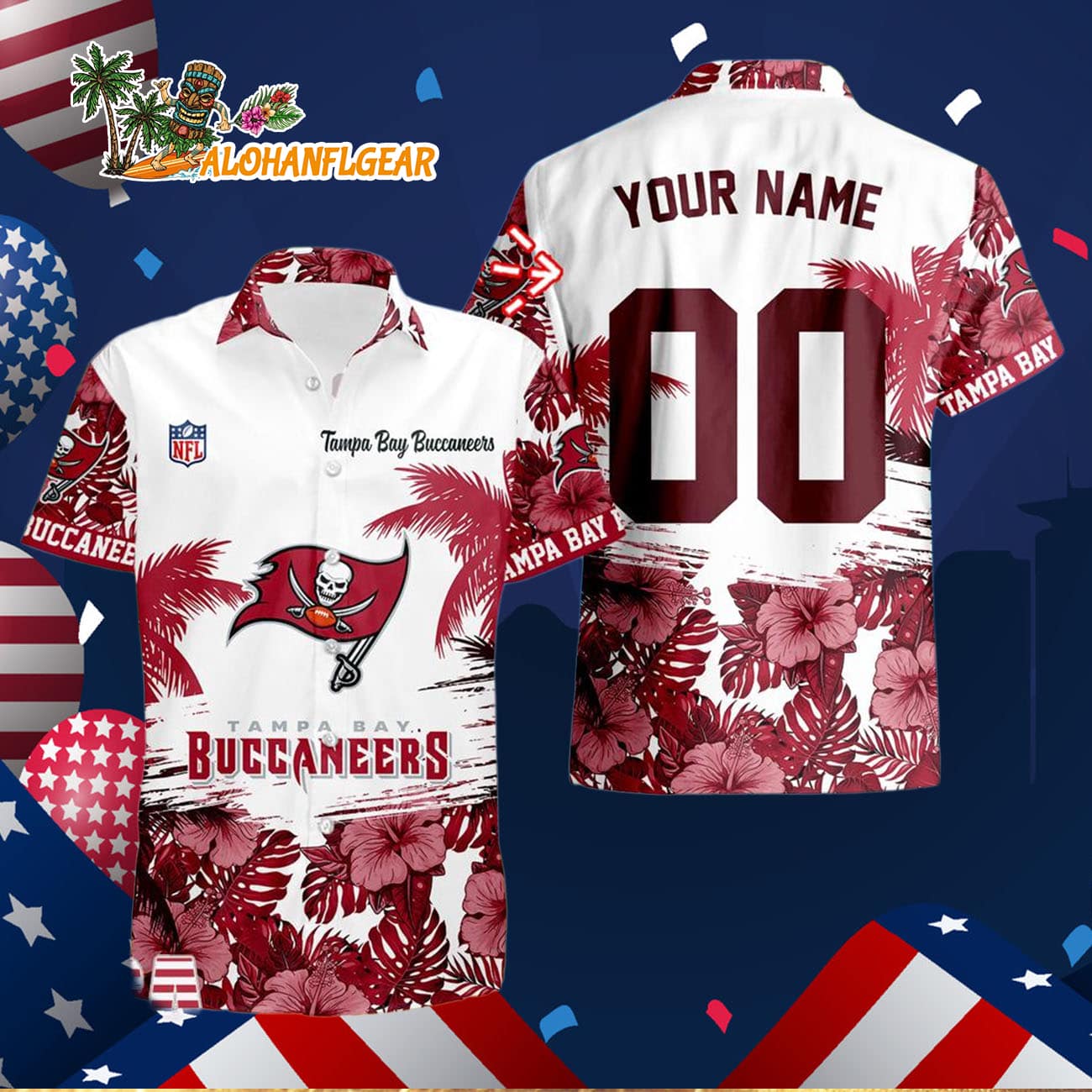 Tampa Bay Buccaneers Hibiscus Flower Custom Name Hawaiian Shirt, NFL Aloha Shirt Tampa Bay Buccaneers Hibiscus Flower Custom Name Hawaiian Shirt, NFL Aloha Shirt