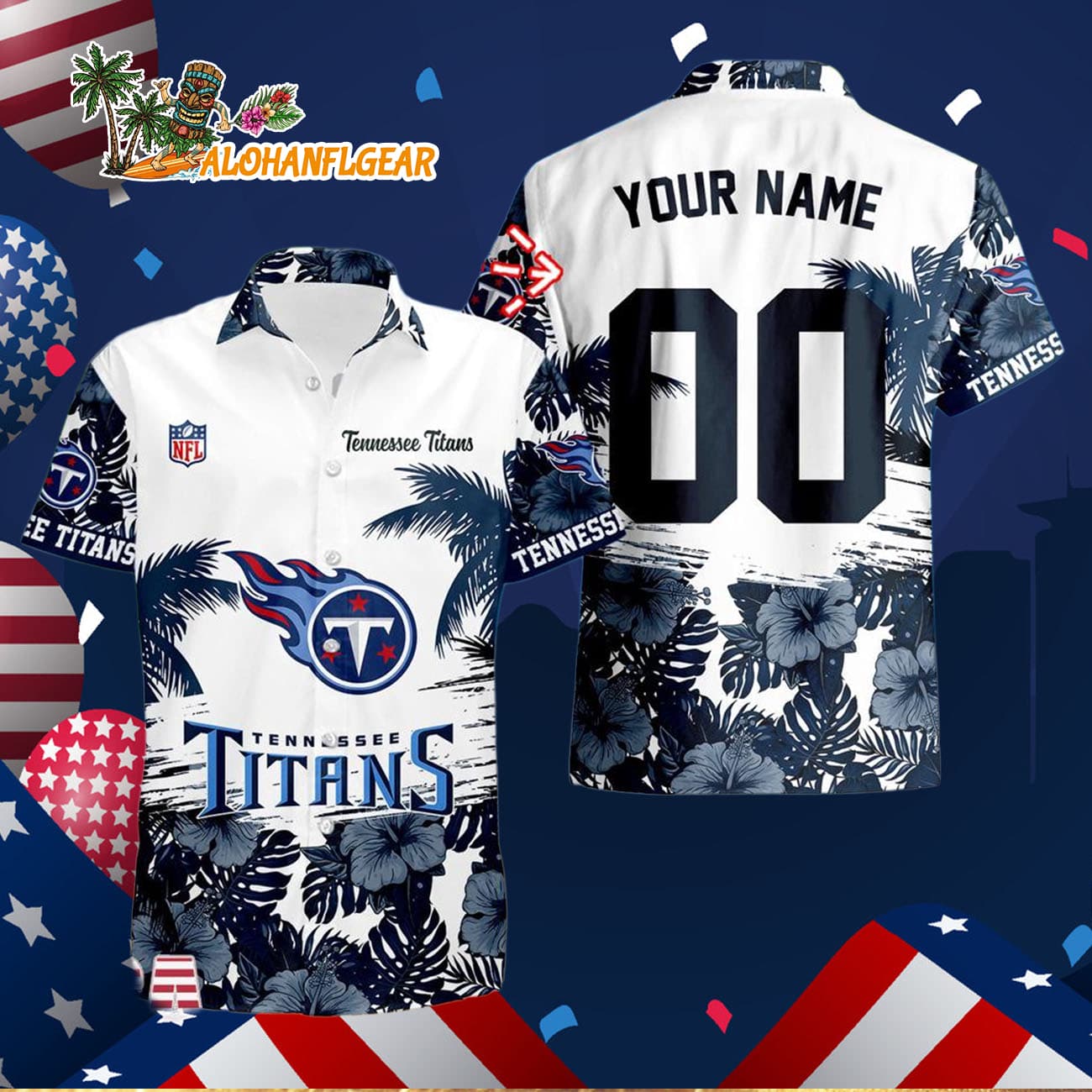 Tennessee Titans Hibiscus Flower Custom Name Hawaiian Shirt, NFL Aloha Shirt Tennessee Titans Hibiscus Flower Custom Name Hawaiian Shirt, NFL Aloha Shirt