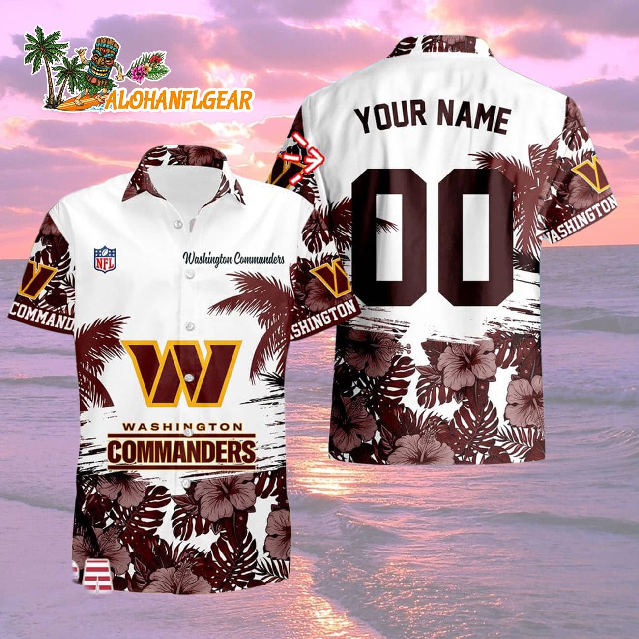 Washington Commanders Hibiscus Flower Custom Name Hawaiian Shirt, NFL Aloha Shirt Washington Commanders Hibiscus Flower Custom Name Hawaiian Shirt, NFL Aloha Shirt