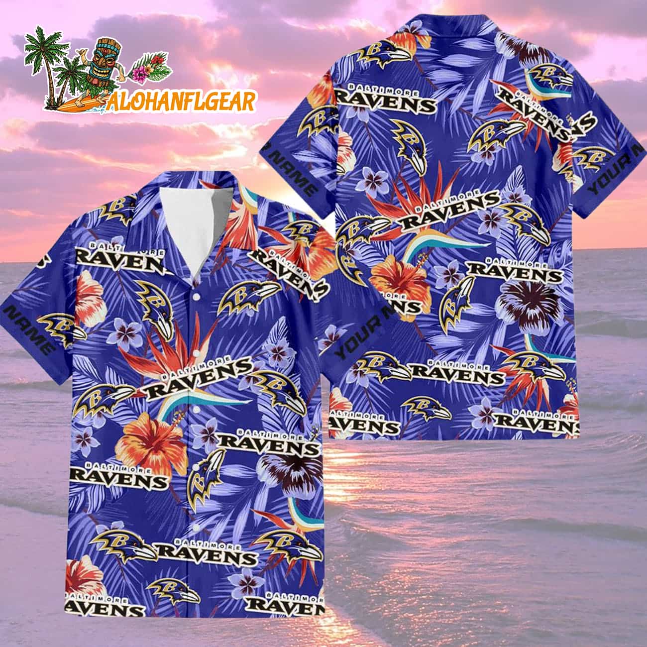 Baltimore Ravens Football Team Flower Summer Design Custom Name Hawaiian Shirt Baltimore Ravens Football Team Flower Summer Design Custom Name Hawaiian Shirt