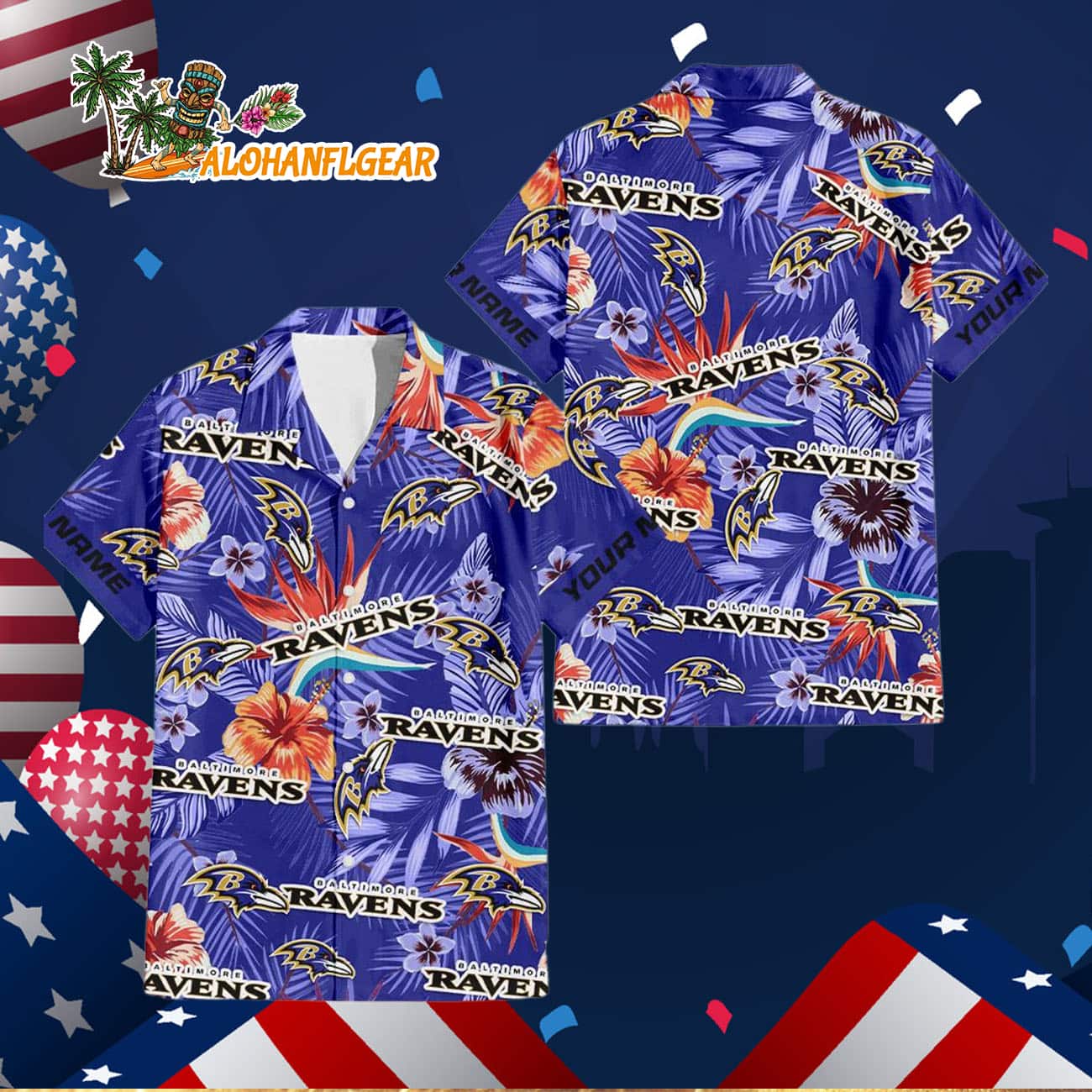 Baltimore Ravens Football Team Flower Summer Design Custom Name Hawaiian Shirt Baltimore Ravens Football Team Flower Summer Design Custom Name Hawaiian Shirt
