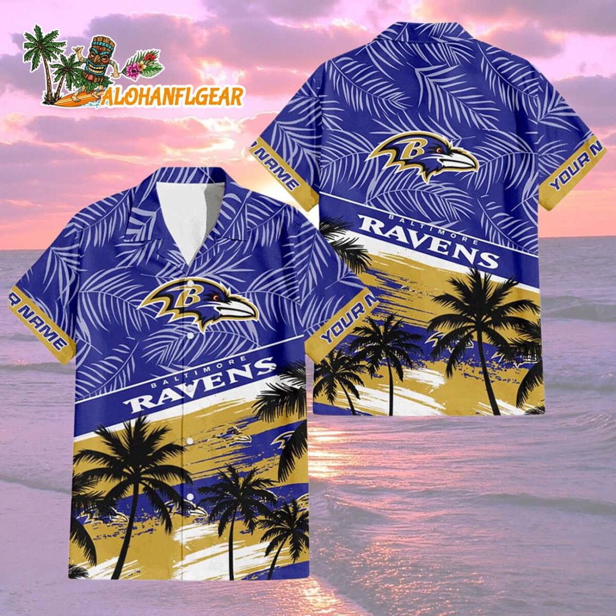 Baltimore Ravens Palm Tree Tropical Trendy Football Custom Name Hawaiian Shirt 1 Baltimore Ravens Palm Tree Tropical Trendy Football Custom Name Hawaiian Shirt 2