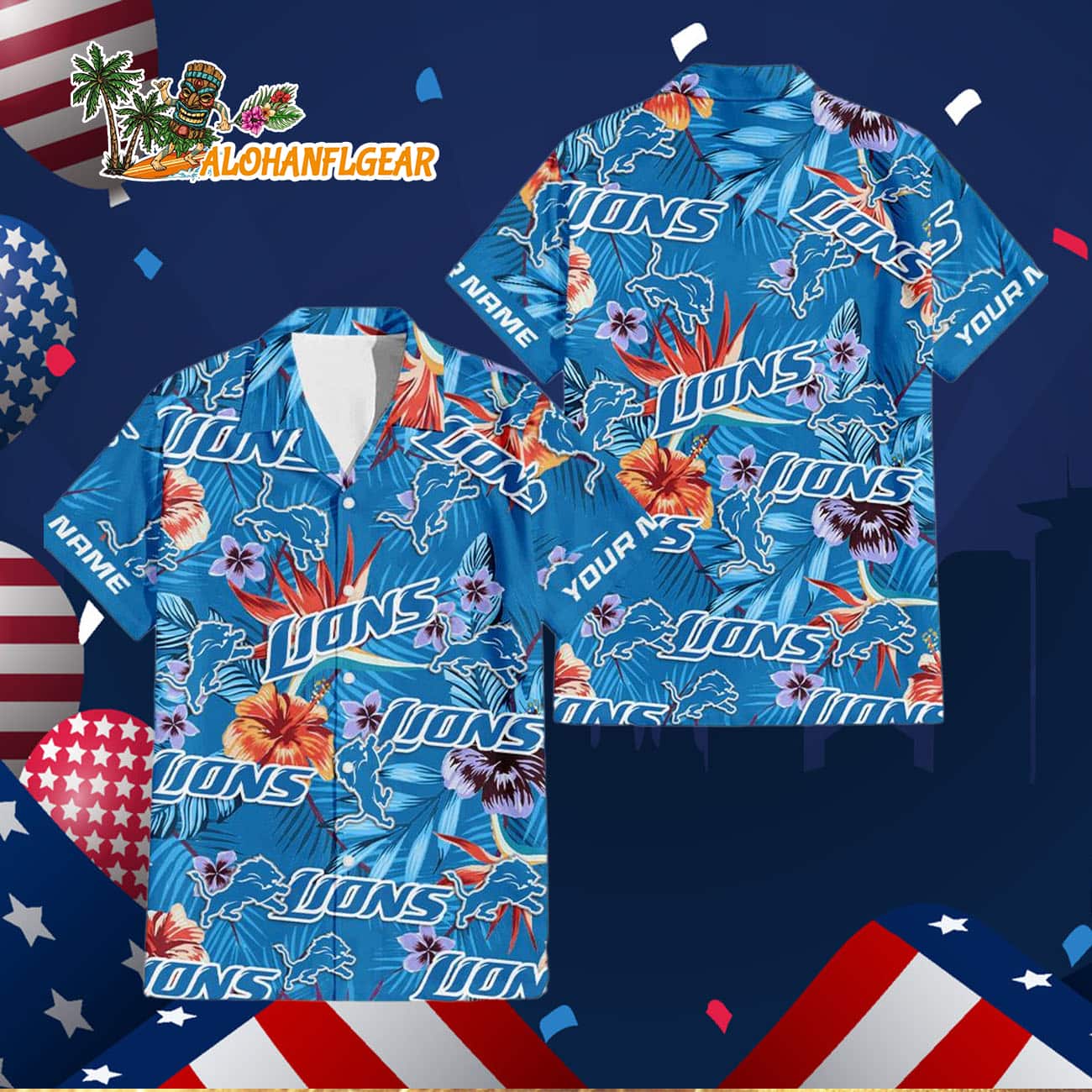 Detroit Lions Football Team Flower Summer Design Custom Name Hawaiian Shirt Detroit Lions Football Team Flower Summer Design Custom Name Hawaiian Shirt