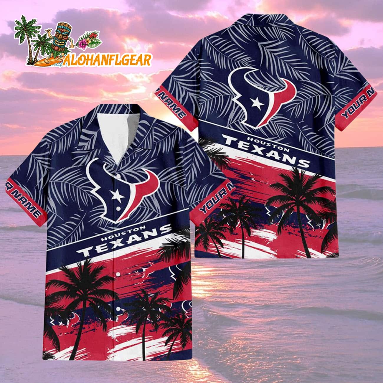 Houston Texans Palm Tree Tropical Trendy Football Custom Name Hawaiian Shirt Houston Texans Palm Tree Tropical Trendy Football Custom Name Hawaiian Shirt