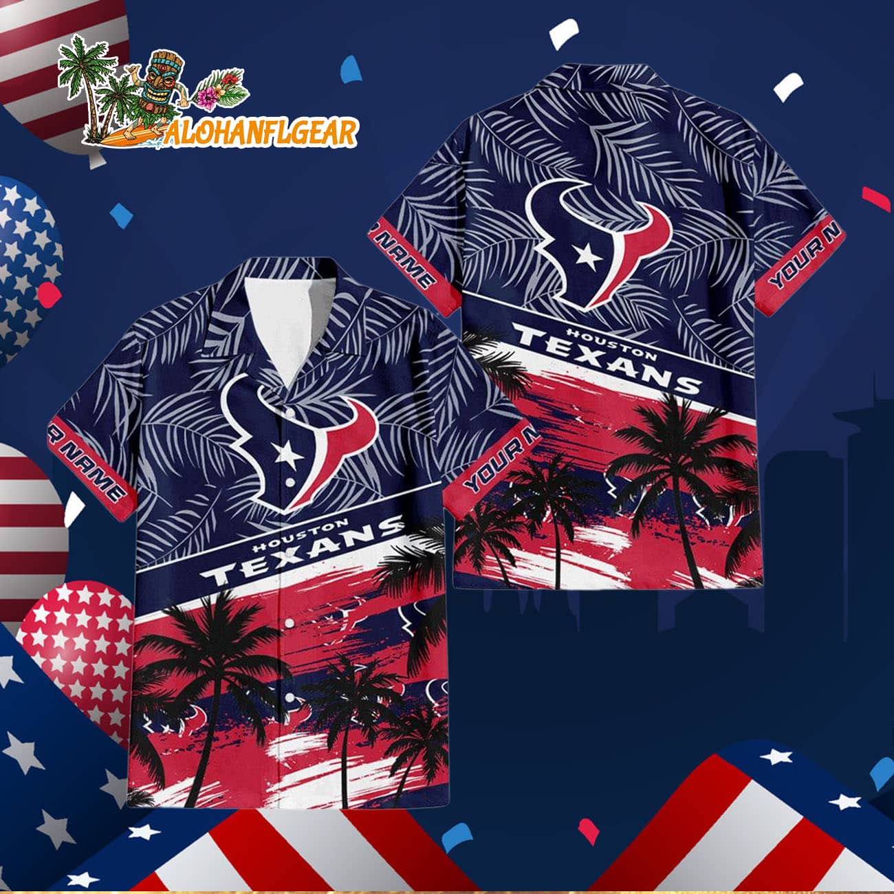 Houston Texans Palm Tree Tropical Trendy Football Custom Name Hawaiian Shirt Houston Texans Palm Tree Tropical Trendy Football Custom Name Hawaiian Shirt