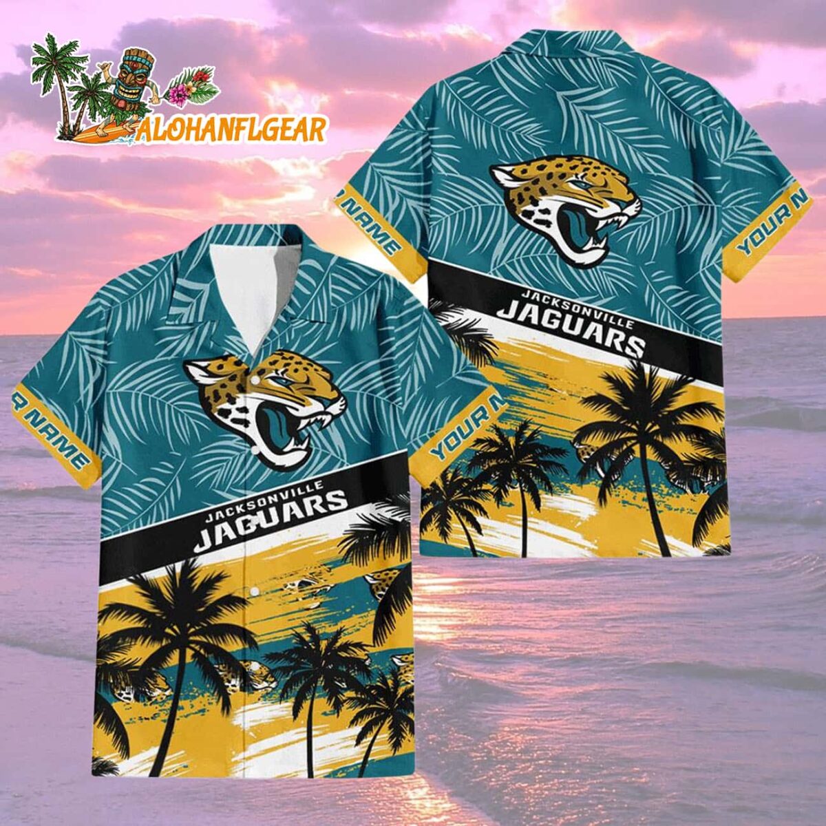 Jacksonville Jaguars Palm Tree Tropical Trendy Football Custom Name Hawaiian Shirt 1 Jacksonville Jaguars Palm Tree Tropical Trendy Football Custom Name Hawaiian Shirt 2