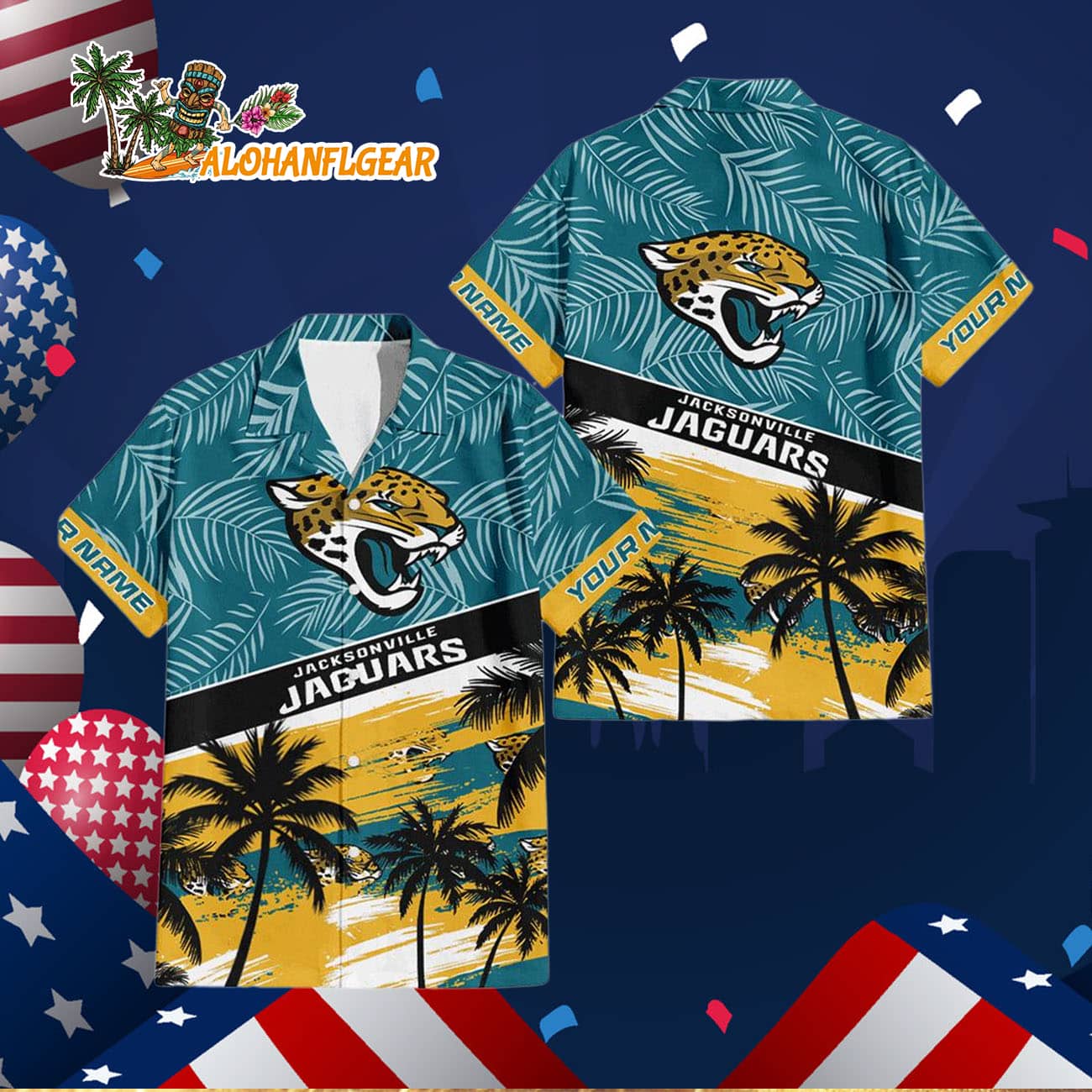 Jacksonville Jaguars Palm Tree Tropical Trendy Football Custom Name Hawaiian Shirt Jacksonville Jaguars Palm Tree Tropical Trendy Football Custom Name Hawaiian Shirt