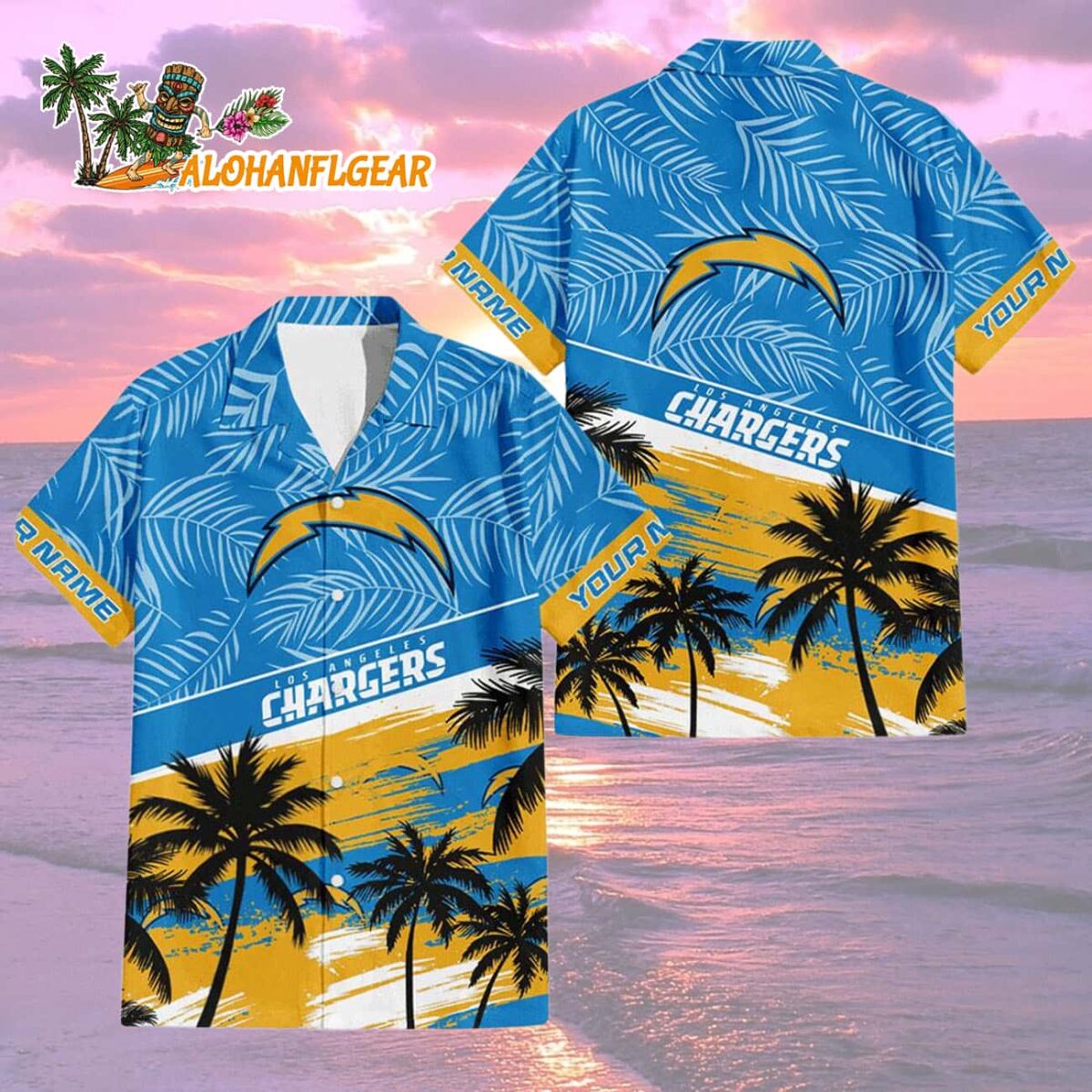 Los Angeles Chargers Palm Tree Tropical Trendy Football Custom Name Hawaiian Shirt 1 Los Angeles Chargers Palm Tree Tropical Trendy Football Custom Name Hawaiian Shirt 2
