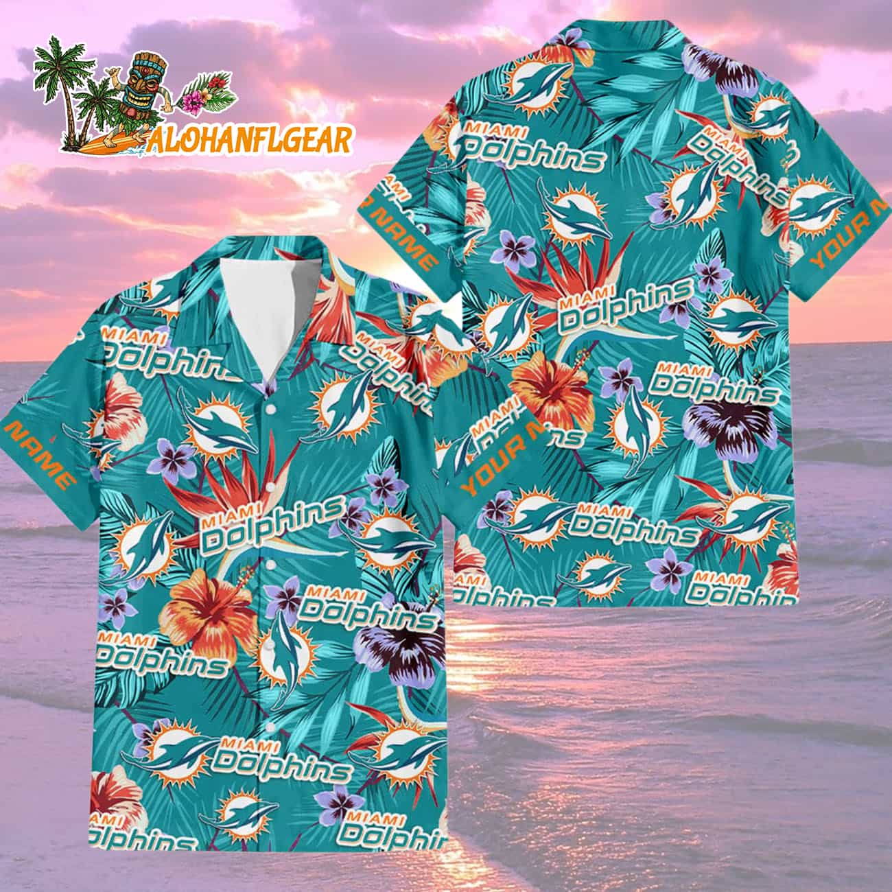 Miami Dolphins Football Team Flower Summer Design Custom Name Hawaiian Shirt Miami Dolphins Football Team Flower Summer Design Custom Name Hawaiian Shirt