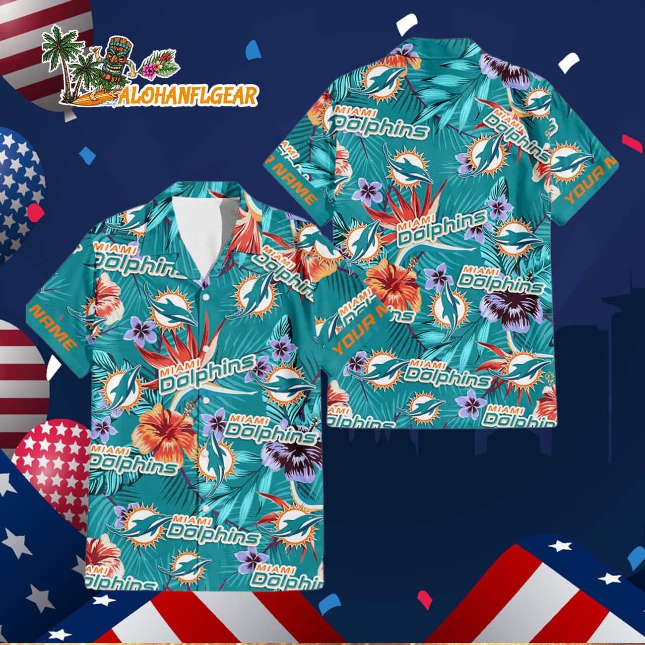 Miami Dolphins Football Team Flower Summer Design Custom Name Hawaiian Shirt Miami Dolphins Football Team Flower Summer Design Custom Name Hawaiian Shirt