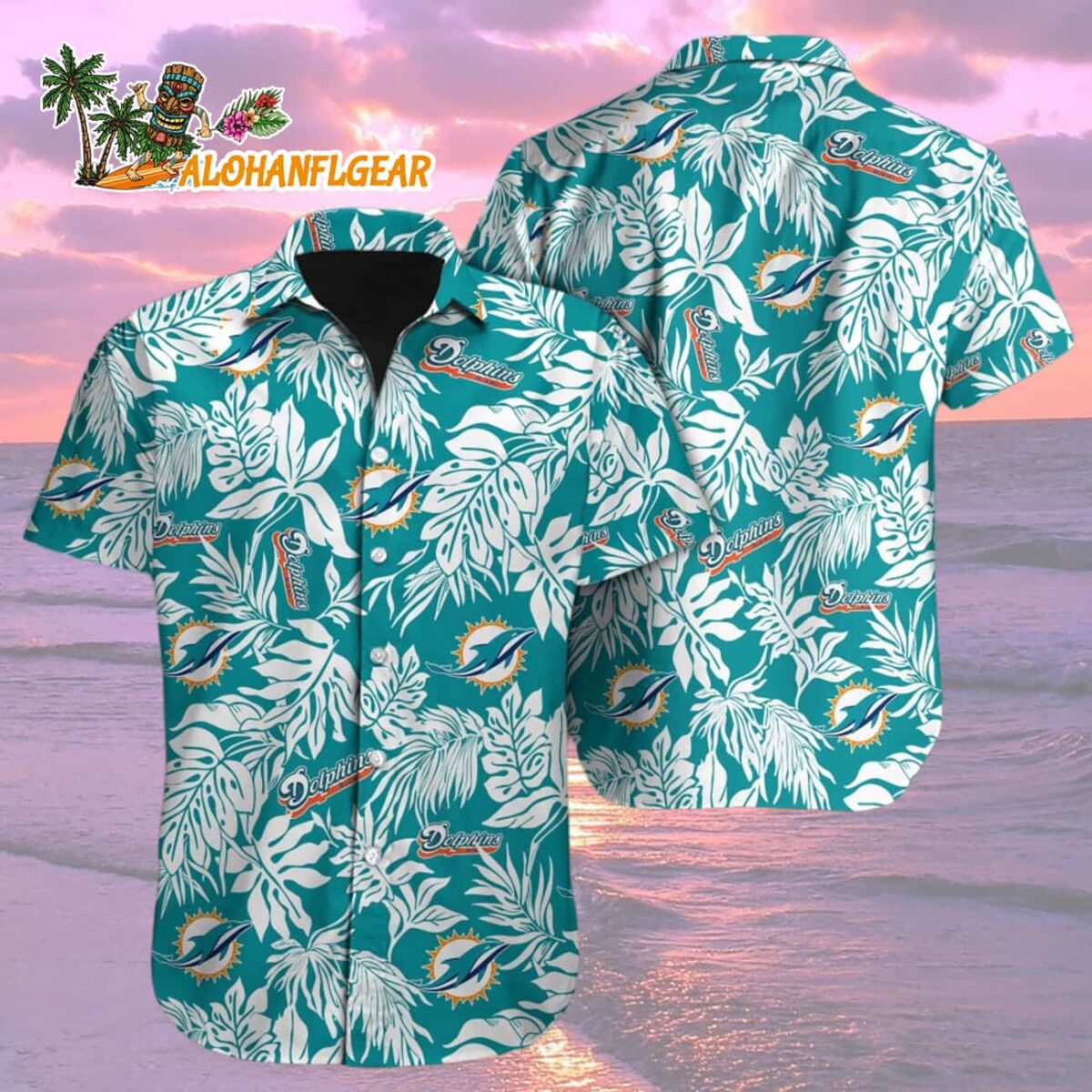 Miami Dolphins Tropical Leafs Design Hawaiian Shirt 1 Miami Dolphins Tropical Leafs Design Hawaiian Shirt 2