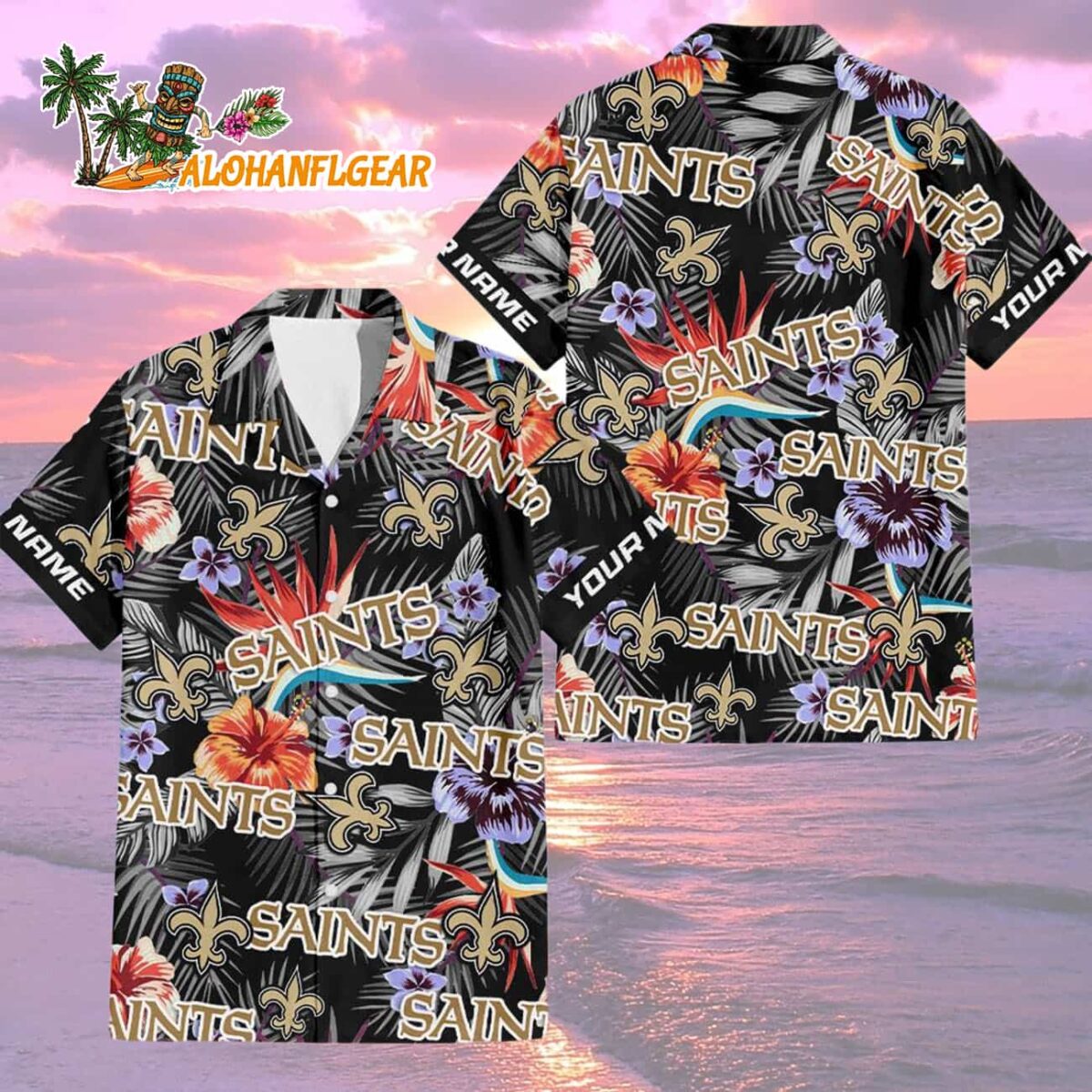New Orleans Saints Football Team Flower Summer Design Custom Name Hawaiian Shirt 1 New Orleans Saints Football Team Flower Summer Design Custom Name Hawaiian Shirt 2
