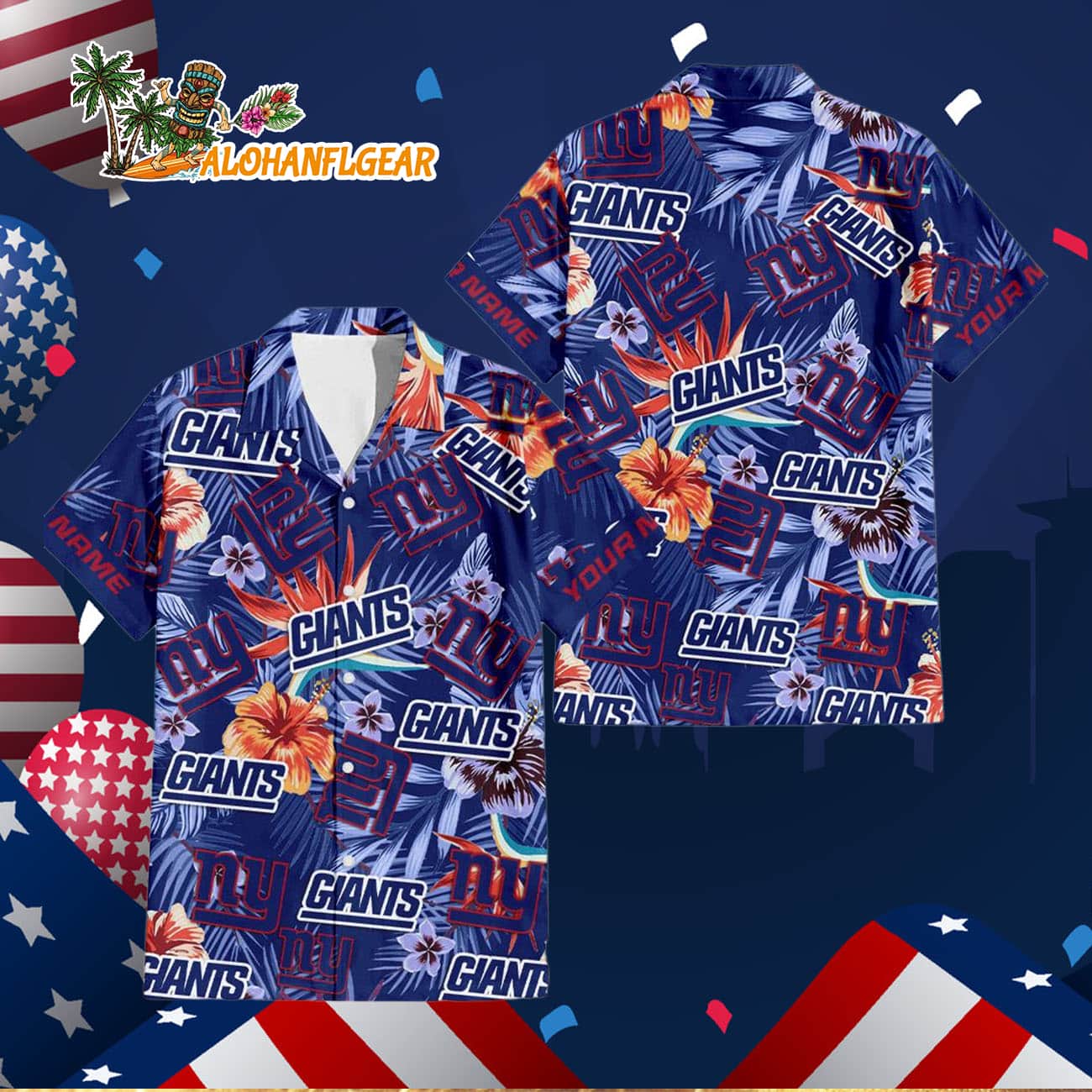 New York Giants Football Team Flower Summer Design Custom Name Hawaiian Shirt New York Giants Football Team Flower Summer Design Custom Name Hawaiian Shirt