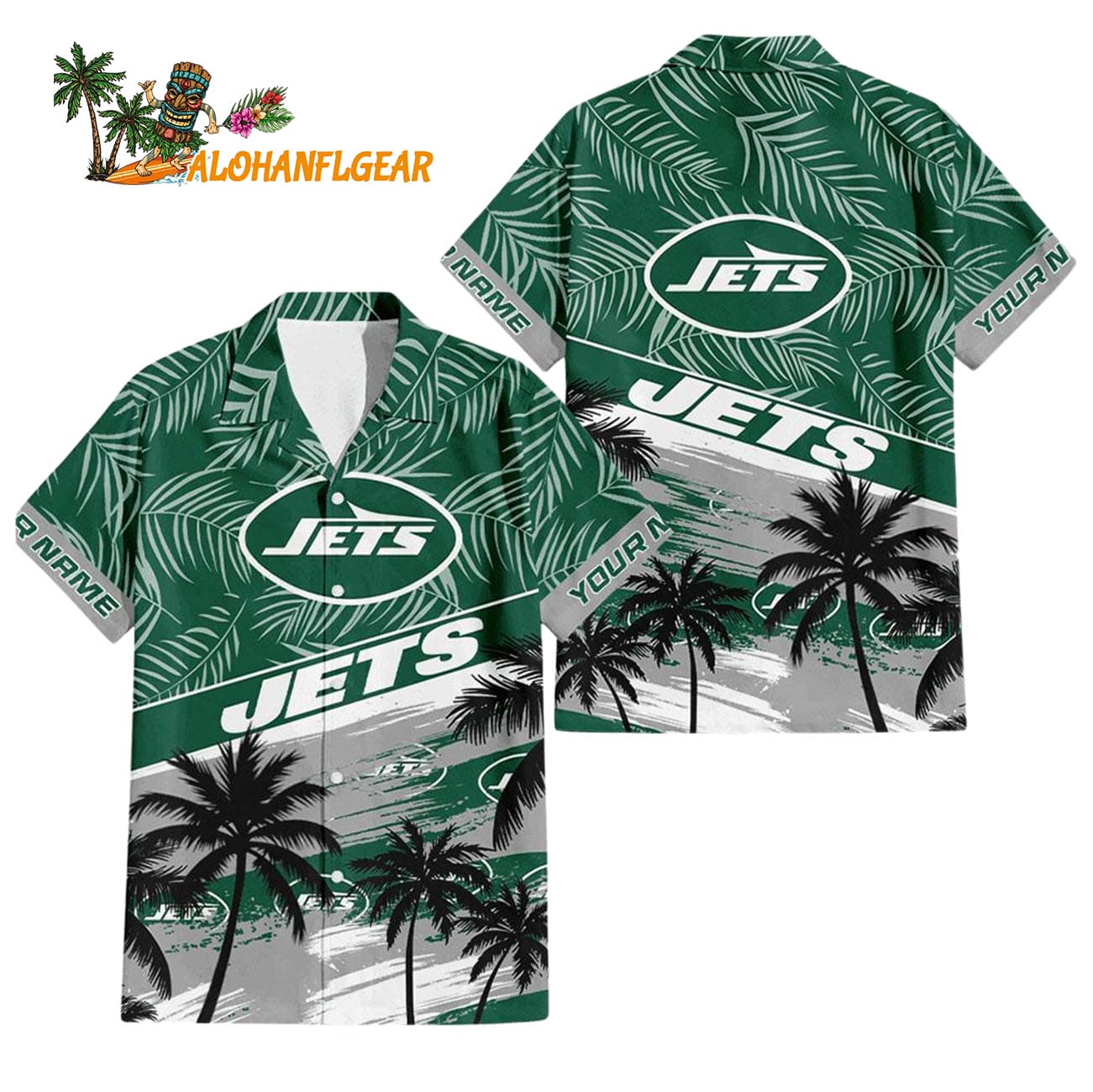 New York Jets Palm Tree Tropical Trendy Football Custom Name Hawaiian Shirt New York Jets Palm Tree Tropical Trendy Football Custom Name Hawaiian Shirt