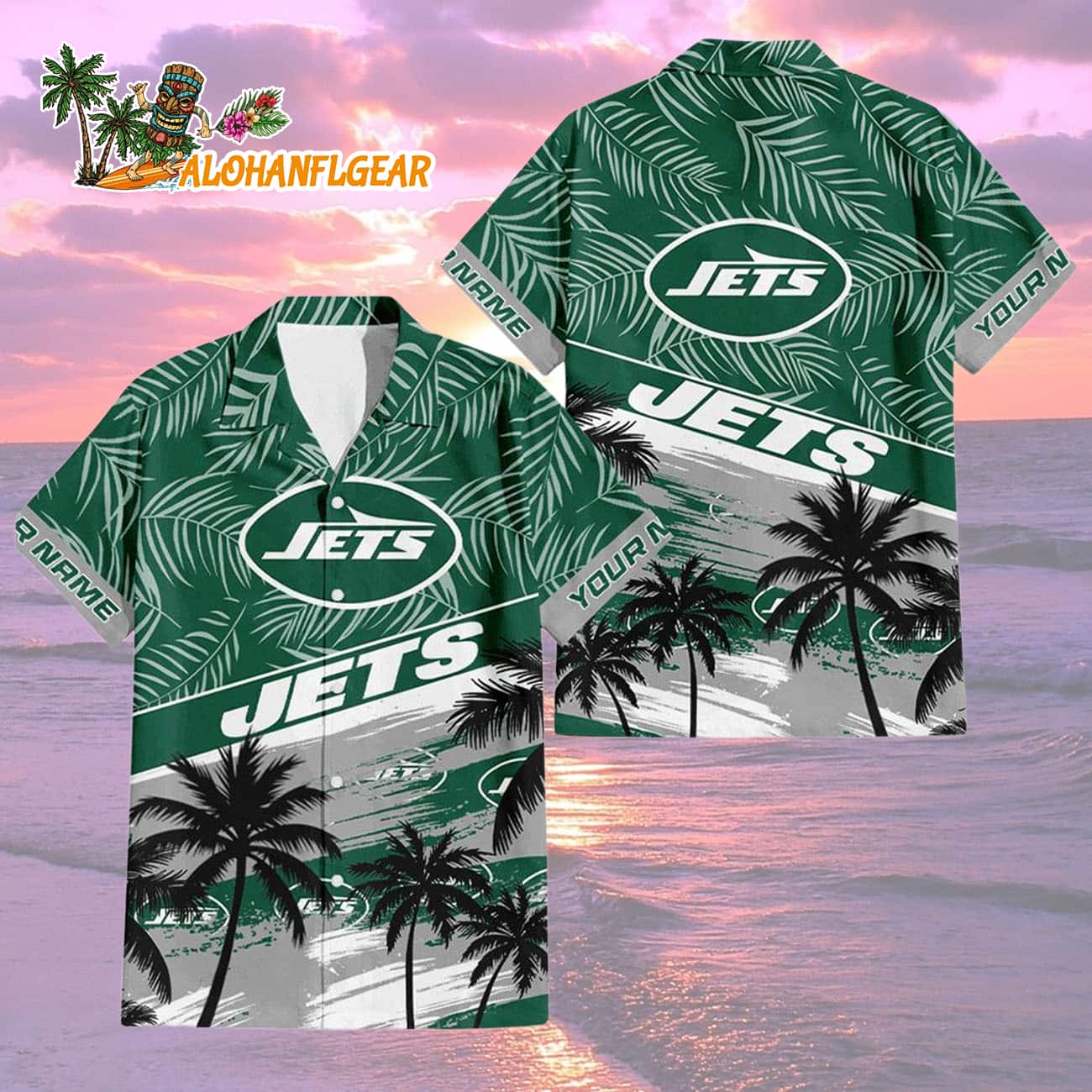New York Jets Palm Tree Tropical Trendy Football Custom Name Hawaiian Shirt New York Jets Palm Tree Tropical Trendy Football Custom Name Hawaiian Shirt