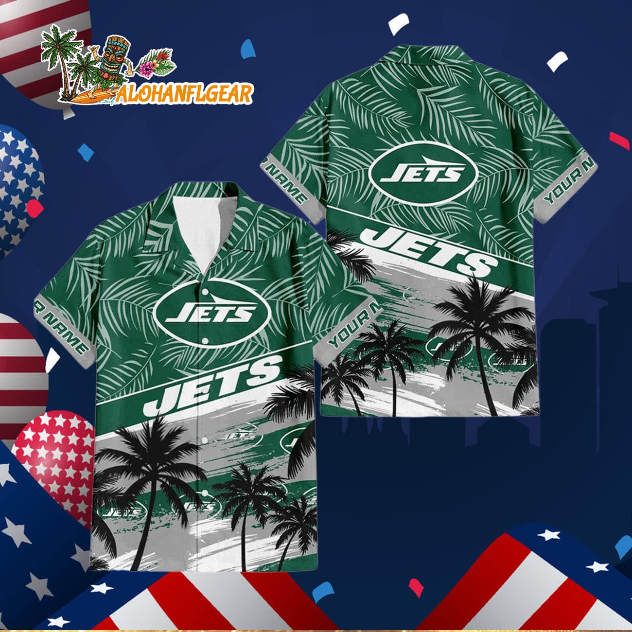 New York Jets Palm Tree Tropical Trendy Football Custom Name Hawaiian Shirt New York Jets Palm Tree Tropical Trendy Football Custom Name Hawaiian Shirt