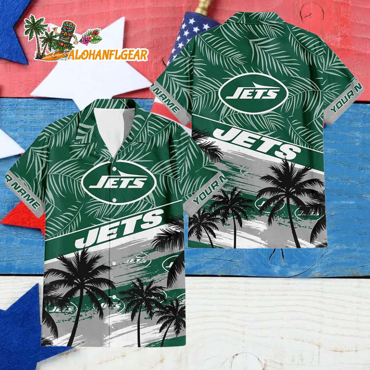 New York Jets Palm Tree Tropical Trendy Football Custom Name Hawaiian Shirt New York Jets Palm Tree Tropical Trendy Football Custom Name Hawaiian Shirt