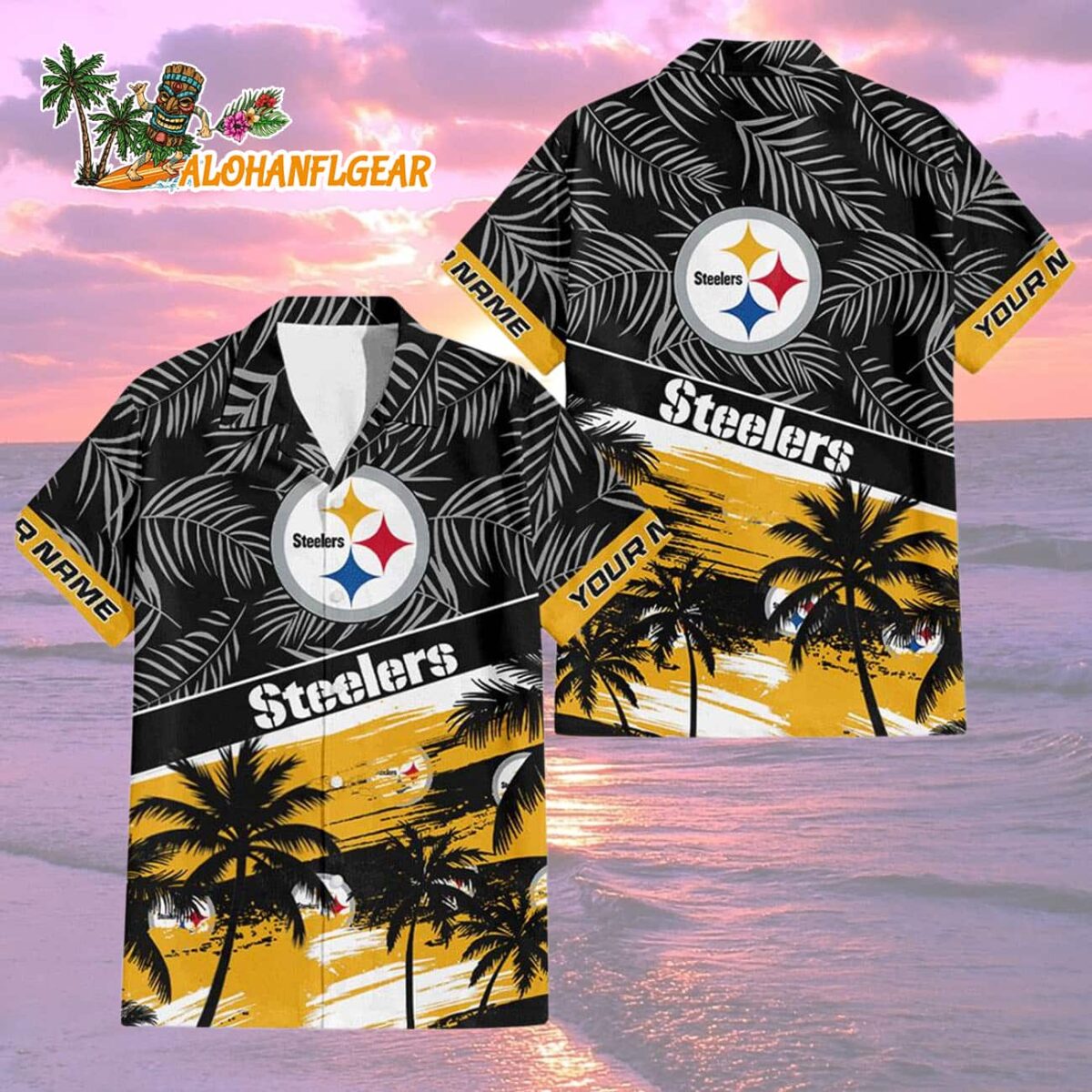 Pittsburgh Steelers Palm Tree Tropical Trendy Football Custom Name Hawaiian Shirt 1 Pittsburgh Steelers Palm Tree Tropical Trendy Football Custom Name Hawaiian Shirt 2