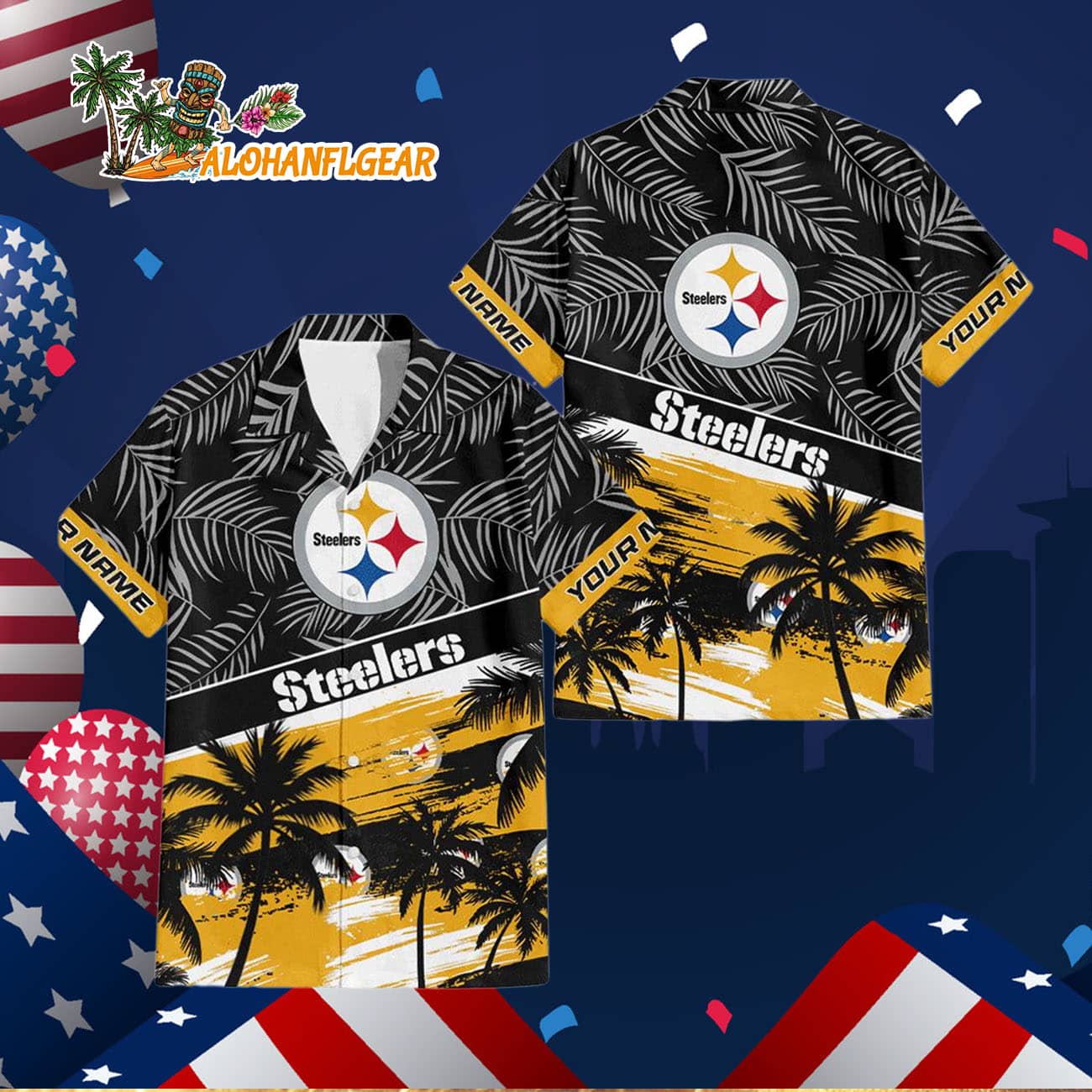 Pittsburgh Steelers Palm Tree Tropical Trendy Football Custom Name Hawaiian Shirt Pittsburgh Steelers Palm Tree Tropical Trendy Football Custom Name Hawaiian Shirt