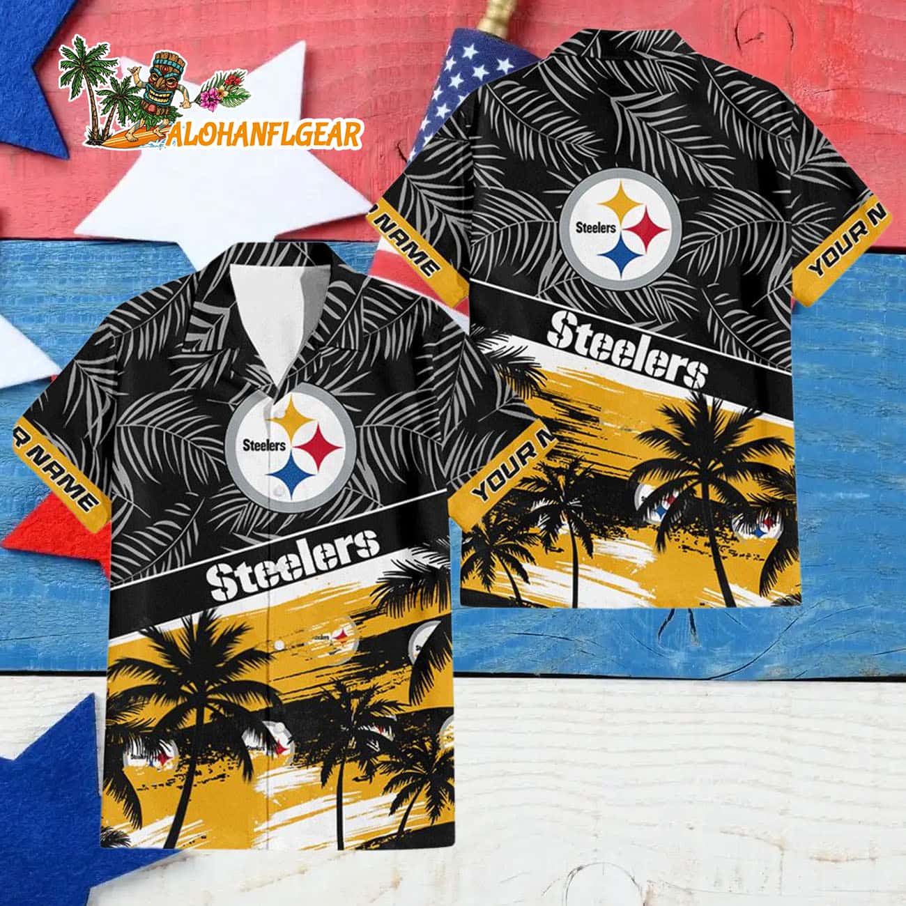 Pittsburgh Steelers Palm Tree Tropical Trendy Football Custom Name Hawaiian Shirt Pittsburgh Steelers Palm Tree Tropical Trendy Football Custom Name Hawaiian Shirt