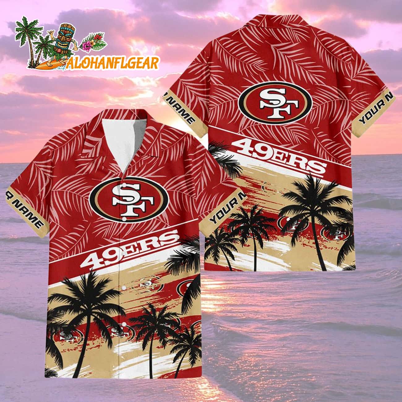 San Francisco 49ers Palm Tree Tropical Trendy Football Custom Name Hawaiian Shirt San Francisco 49ers Palm Tree Tropical Trendy Football Custom Name Hawaiian Shirt