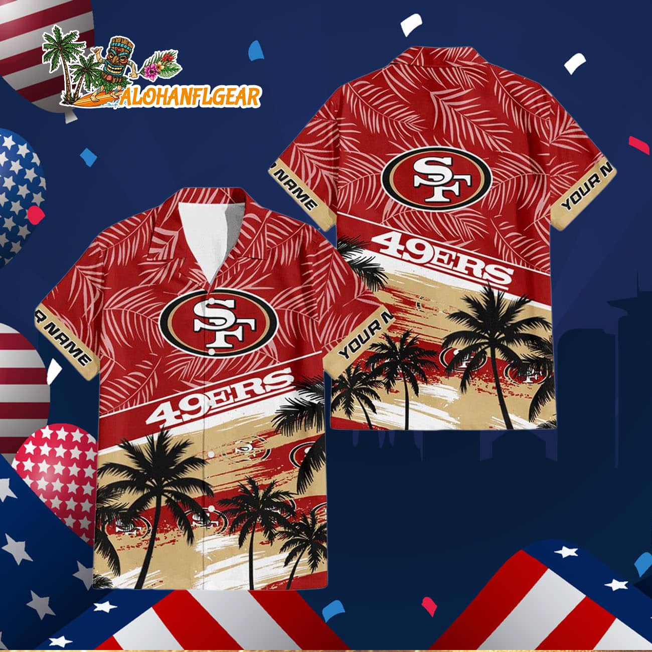 San Francisco 49ers Palm Tree Tropical Trendy Football Custom Name Hawaiian Shirt San Francisco 49ers Palm Tree Tropical Trendy Football Custom Name Hawaiian Shirt