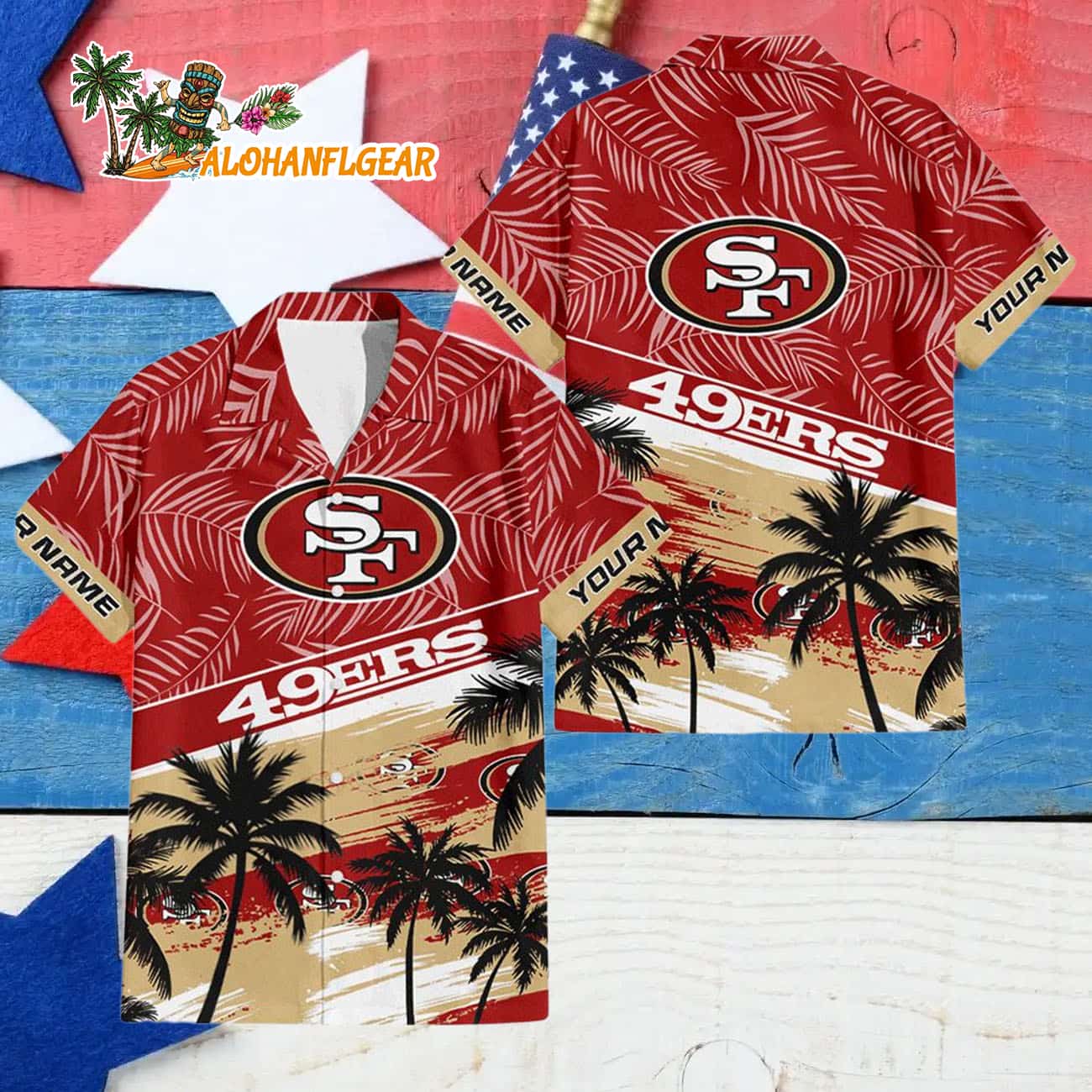 San Francisco 49ers Palm Tree Tropical Trendy Football Custom Name Hawaiian Shirt San Francisco 49ers Palm Tree Tropical Trendy Football Custom Name Hawaiian Shirt