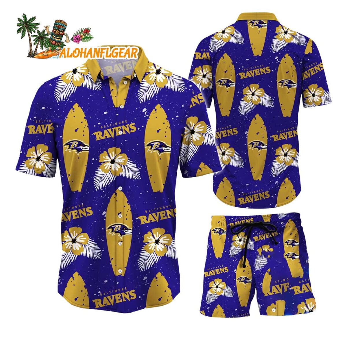 Baltimore Ravens Flower Pattern Hawaiian Shirt And Shorts Football Summer Hawaiian Set 1