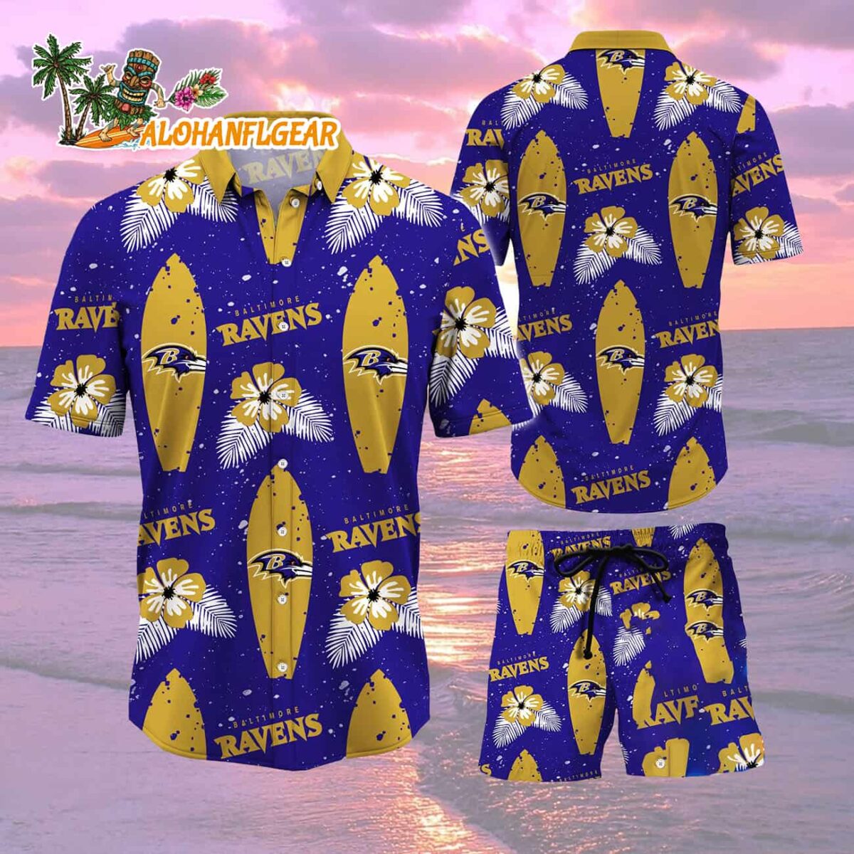 Baltimore Ravens Flower Pattern Hawaiian Shirt And Shorts 1 Baltimore Ravens Flower Pattern Hawaiian Shirt And Shorts Football Summer Hawaiian Set 2