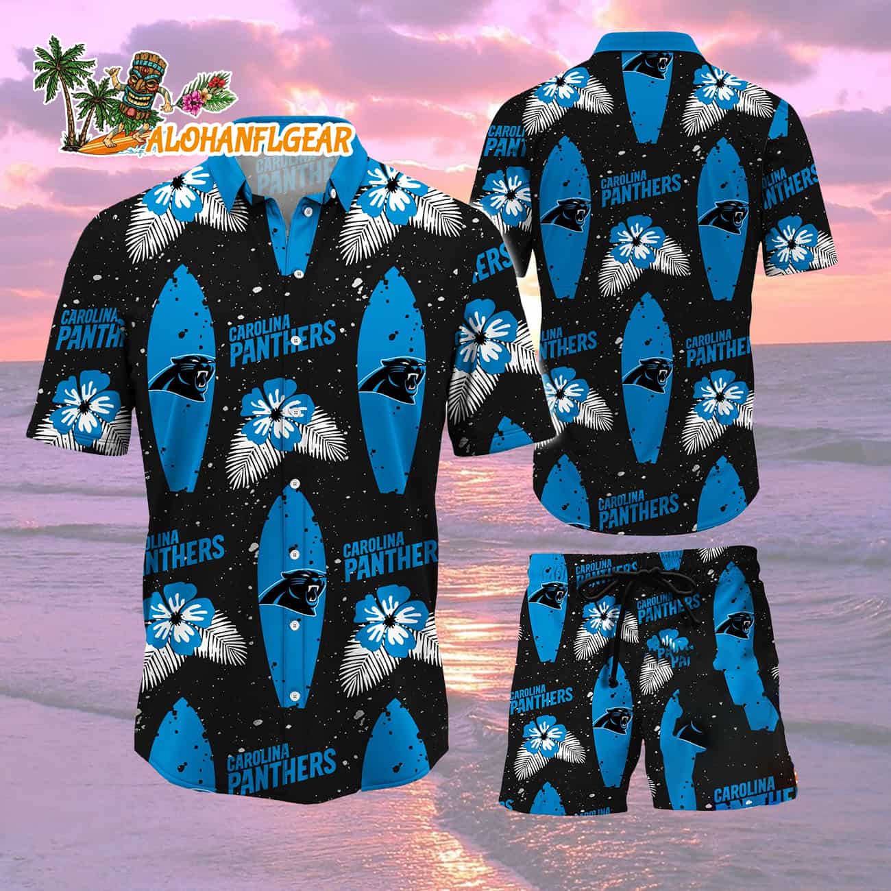 Carolina Panthers Flower Pattern Hawaiian Shirt And Shorts Carolina Panthers Flower Pattern Hawaiian Shirt And Shorts