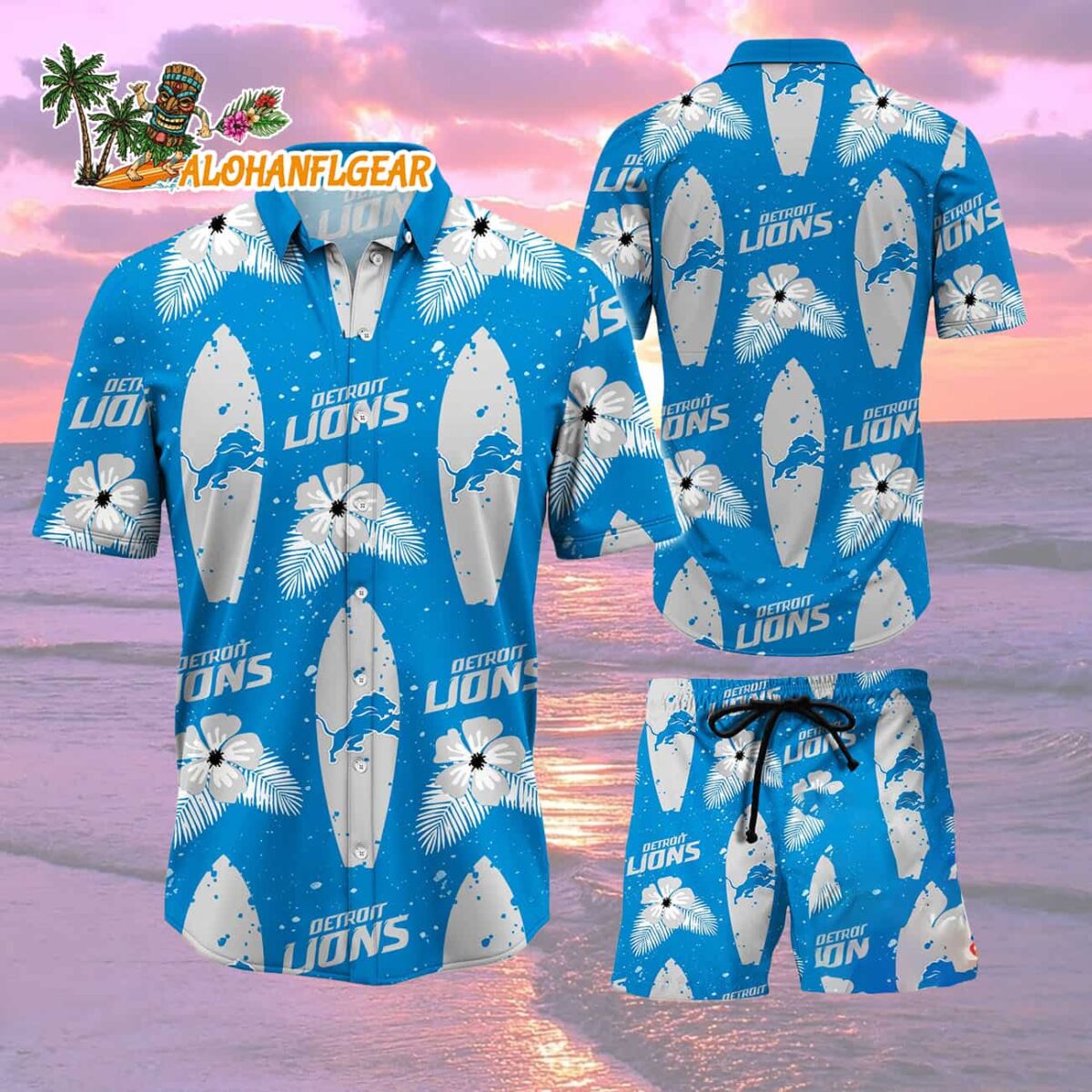 Detroit Lions Flower Pattern Hawaiian Shirt And Shorts Football Summer Hawaiian Set 2