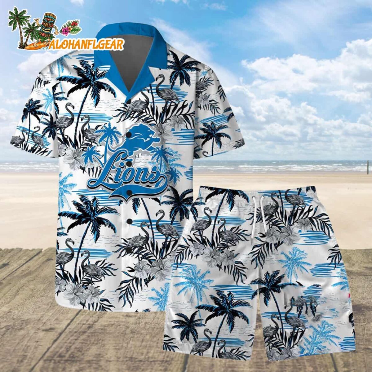 Detroit Lions Football Team Logo Pattern Flamingo Hibiscus Summer Hawaiian Shirt And Beach Short 1