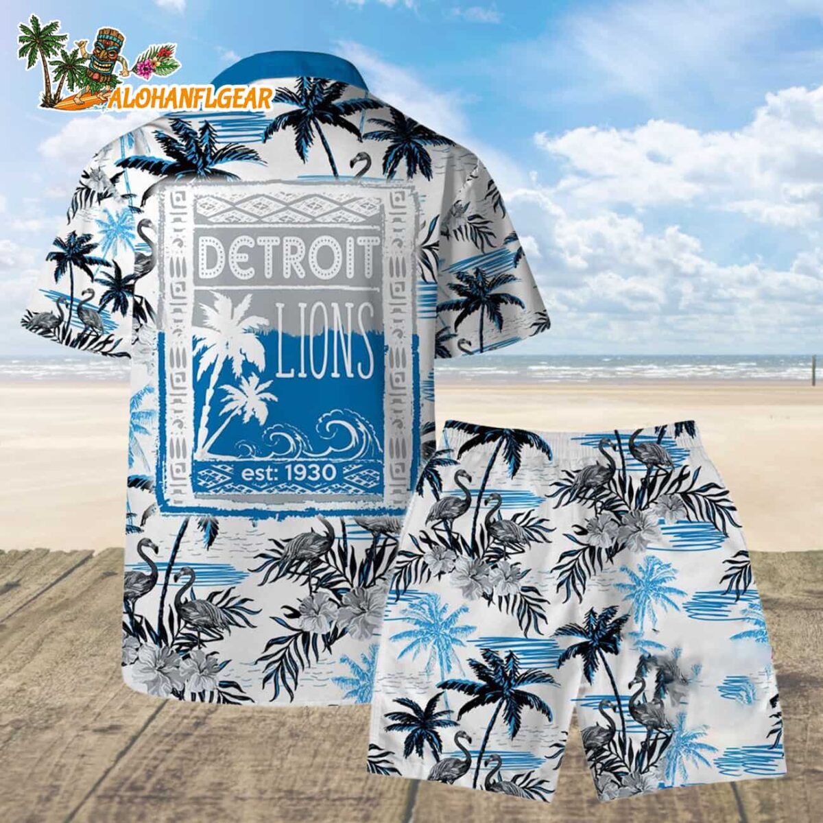 Detroit Lions Football Team Logo Pattern Flamingo Hibiscus Summer Hawaiian Shirt And Beach Short 2