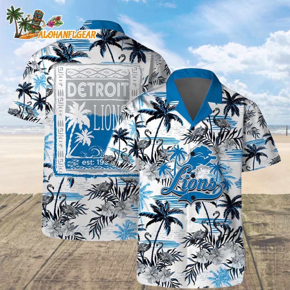 Detroit Lions Football Team Logo Pattern Flamingo Hibiscus Summer Hawaiian Shirt And Beach Short 3