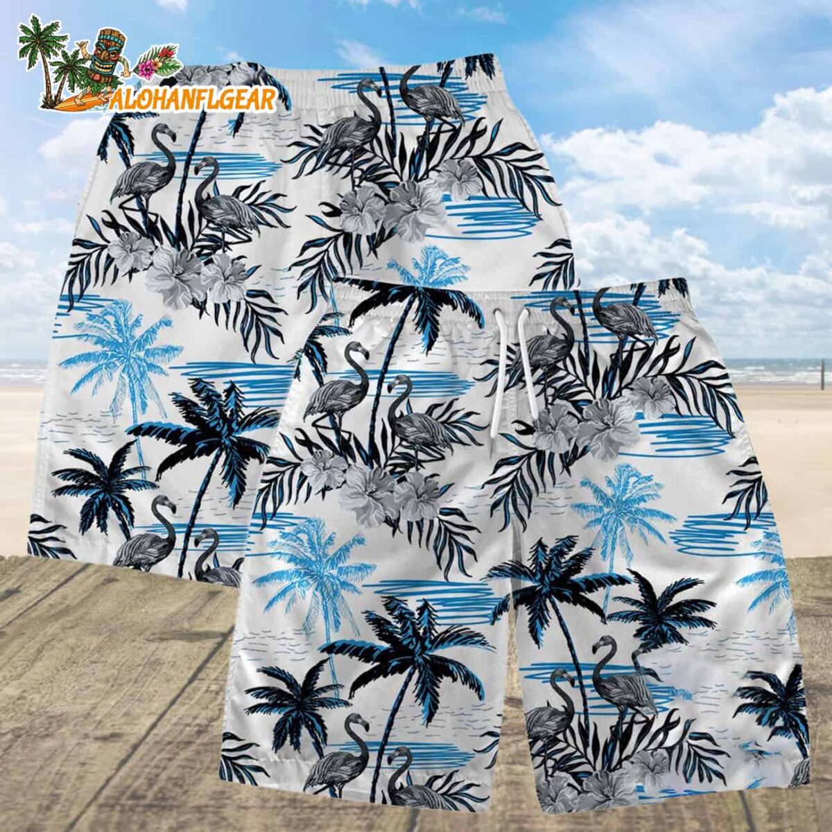 Detroit Lions Football Team Logo Pattern Flamingo Hibiscus Summer Hawaiian Shirt And Beach Short 4
