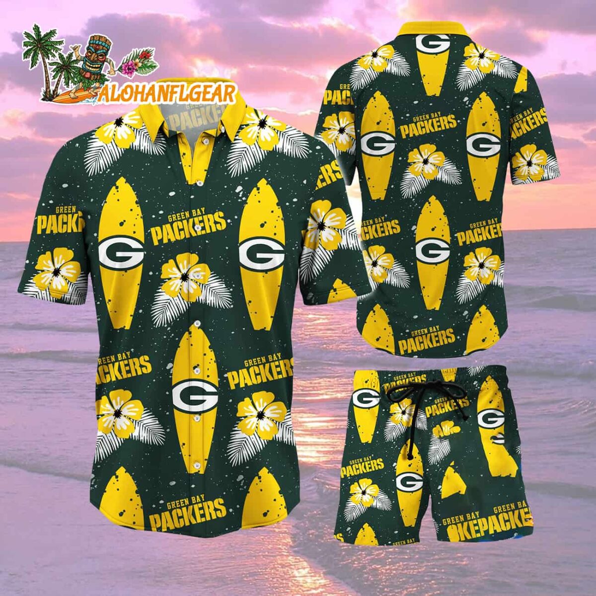 Green Bay Packers Flower Pattern Hawaiian Shirt And Shorts Football Summer Hawaiian Set 2